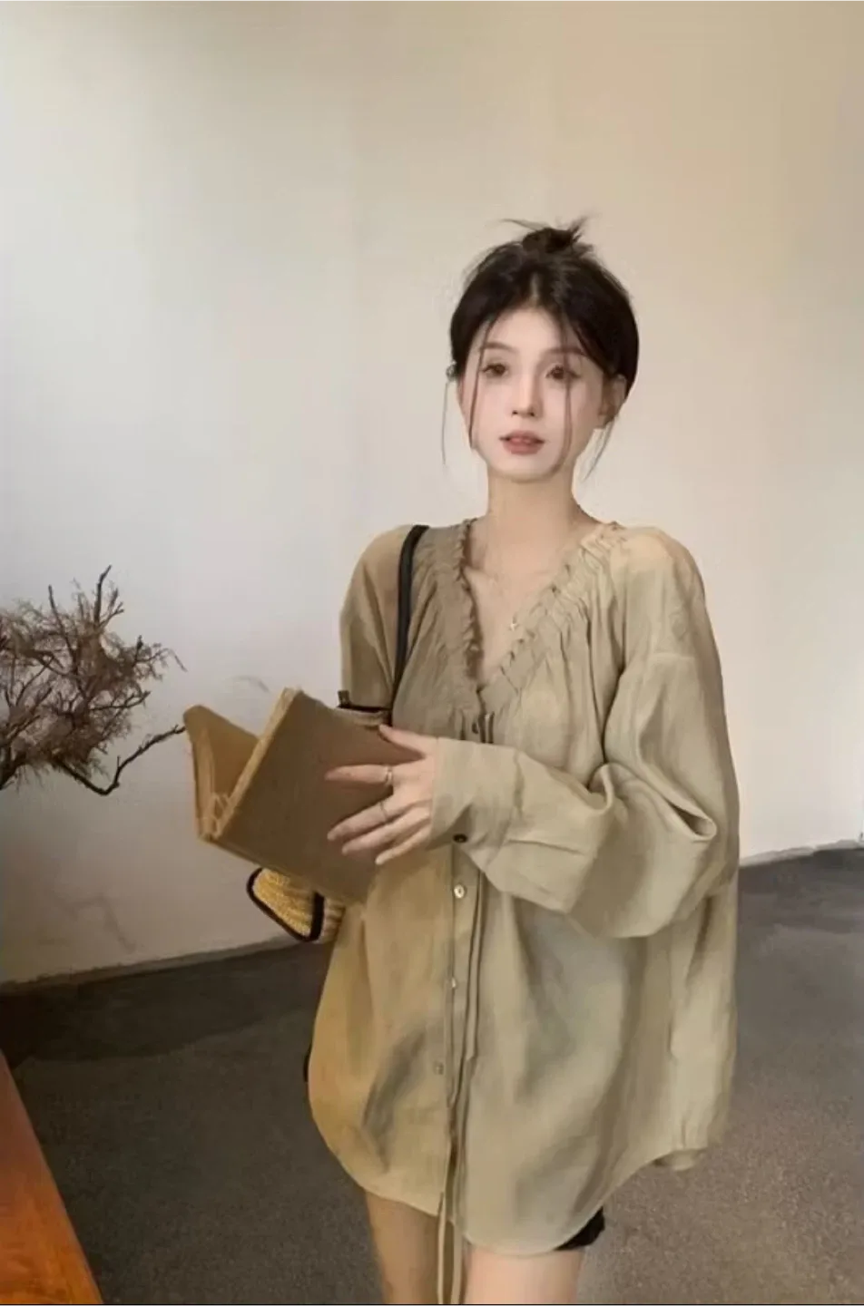 Beige Long Sleeve Button-Up Blouse thumbnail