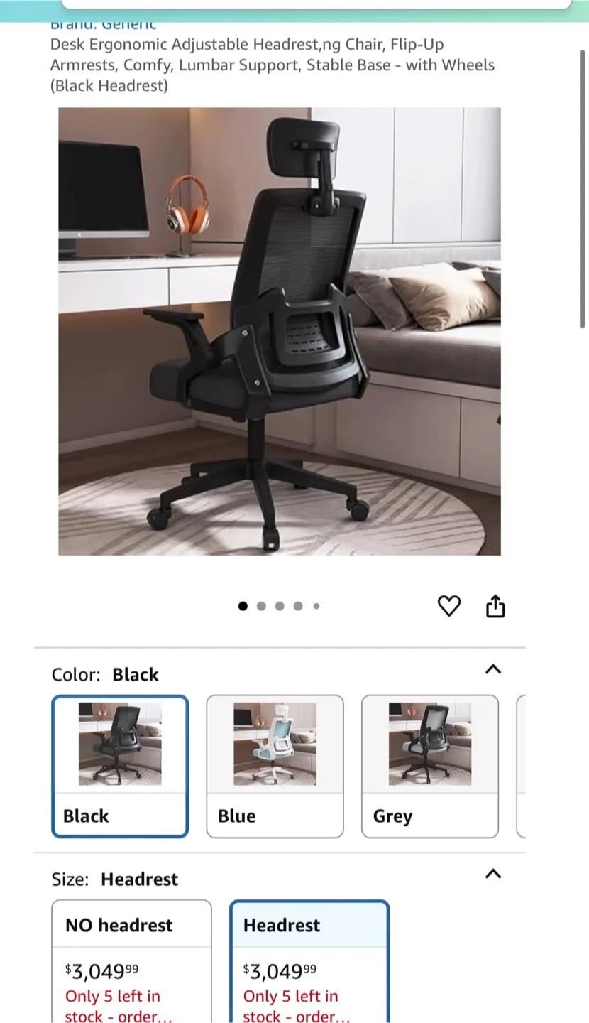 Ergonomic Adjustable Headrest Desk Chair - Black thumbnail