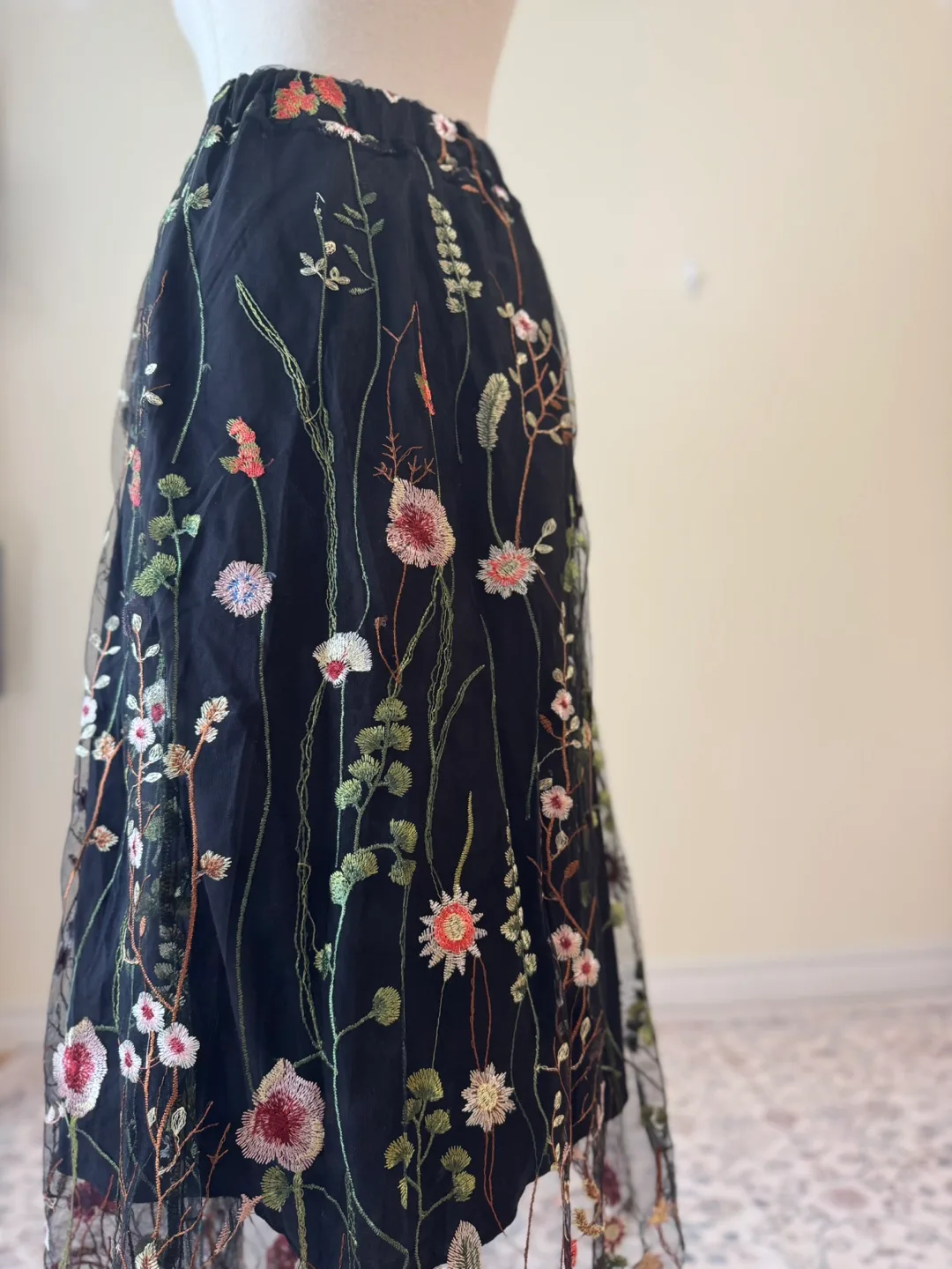 Vintage Floral Embroidered Mesh Maxi Skirt Sheer Boho thumbnail