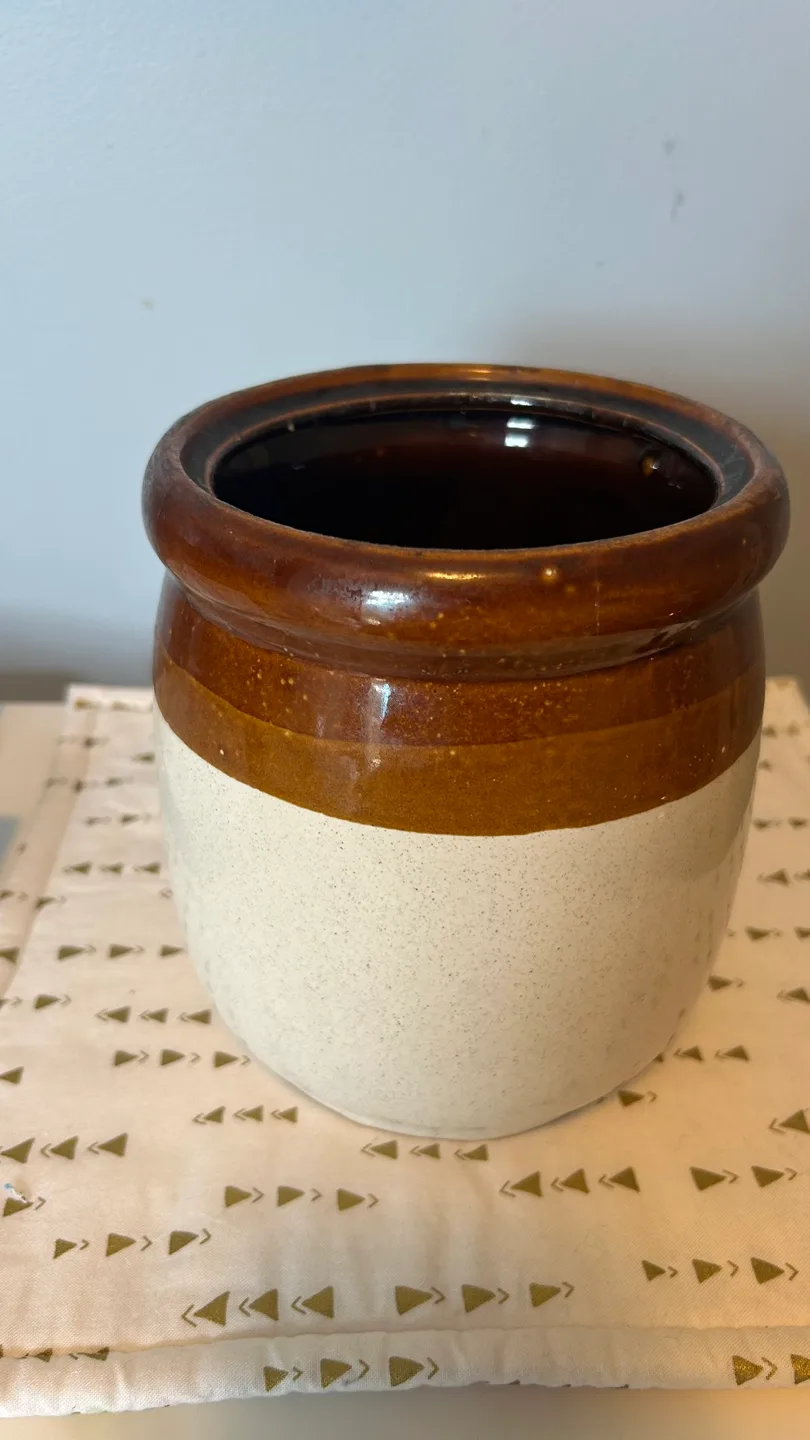 Vintage Stoneware Crock with brown & beige glaze thumbnail
