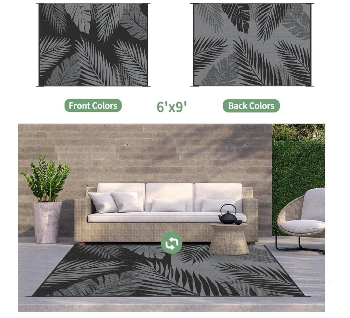6'x9' Outdoor Rug - Black & Grey Palm Leaf Design image indicator(2)