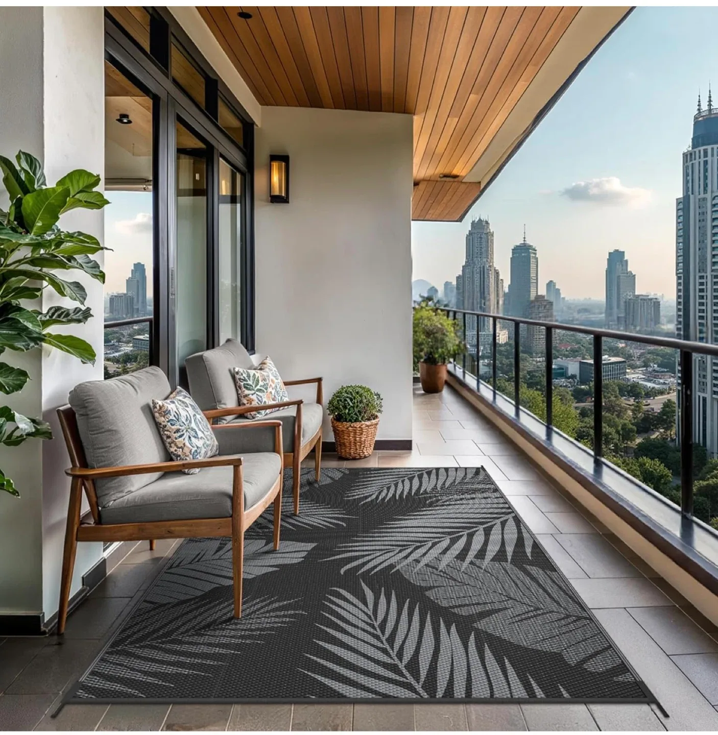 6'x9' Outdoor Rug - Black & Grey Palm Leaf Design image indicator(4)