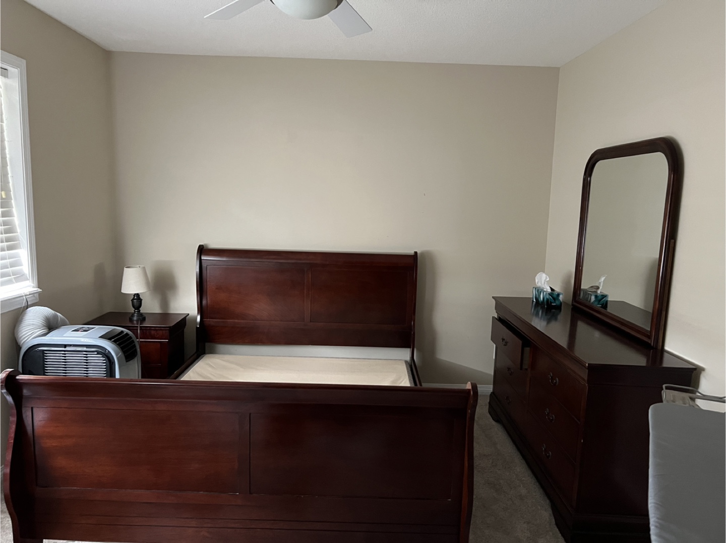 Dark Wood Bedroom Set - Bed, Dresser, Mirror