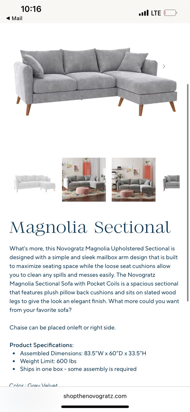 Novogratz Magnolia Sectional Sofa - Grey Velvet - photo 5