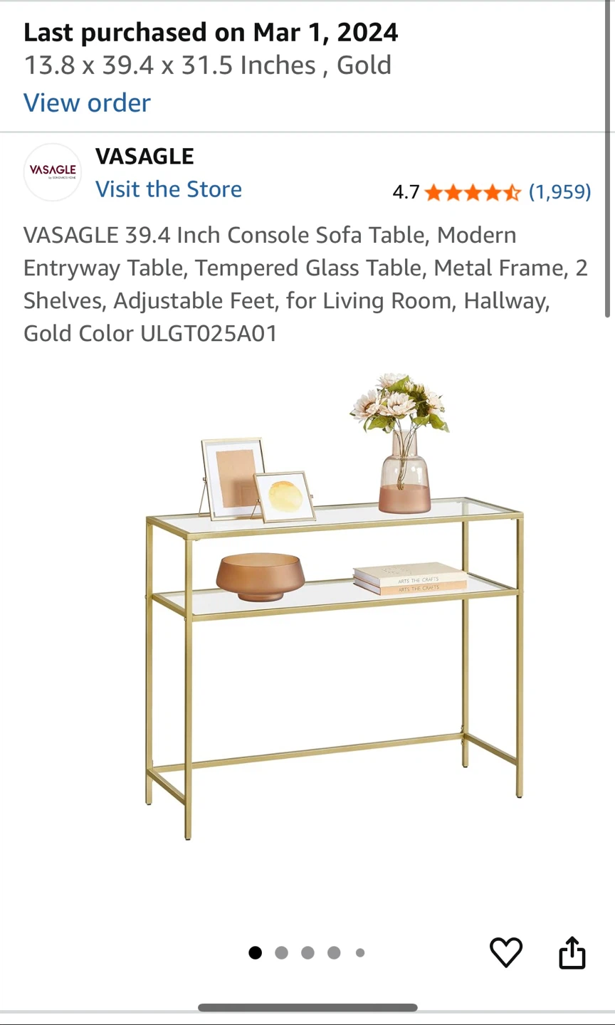 VASAGLE 39.4 Inch Gold Console/Sofa Table