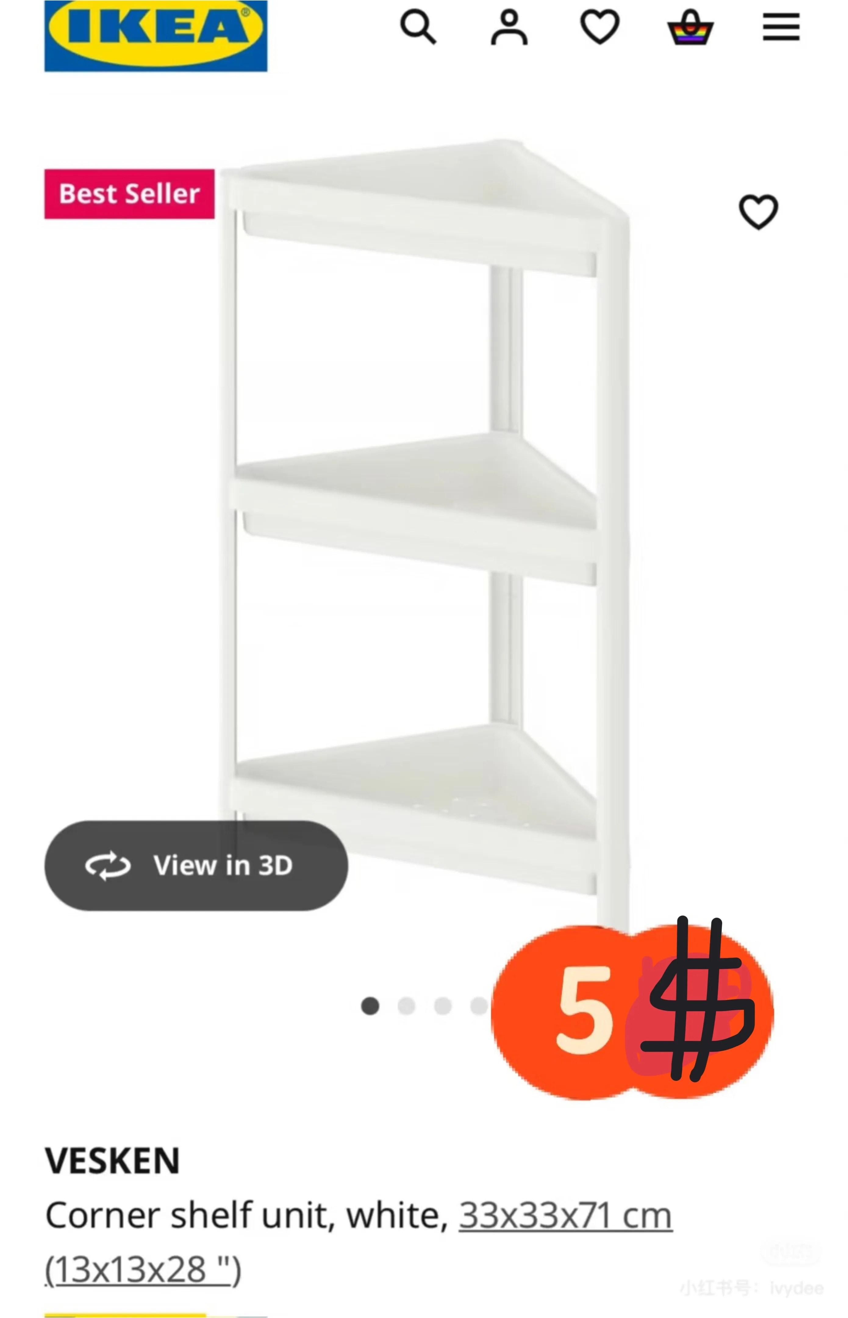 🥕 IKEA VESKEN White Corner Shelf Unit 33x33x71 cm thumbnail