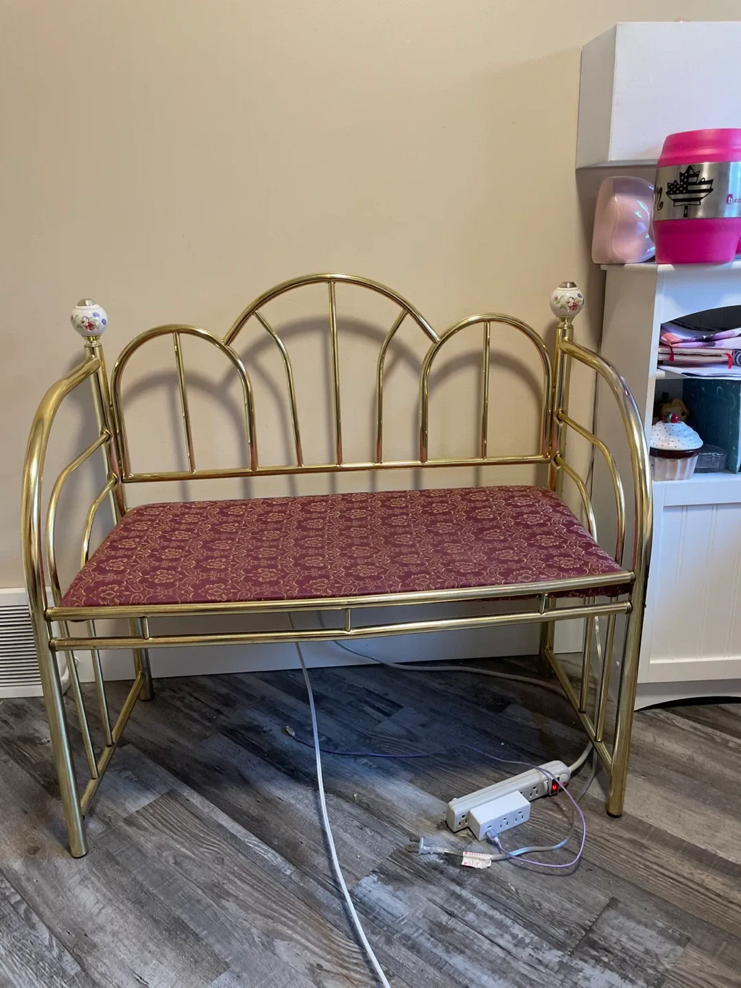 Gold Metal Bench with Red Cushion thumbnail