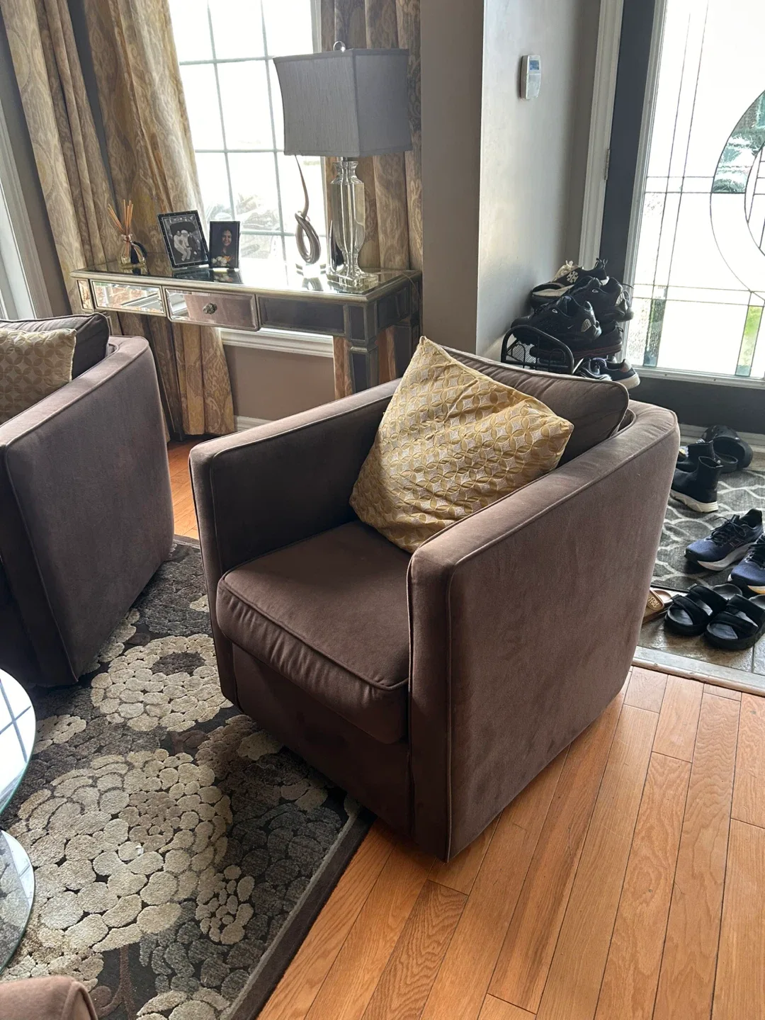 4 Brown Suede Swivel Accent Chairs image indicator(2)