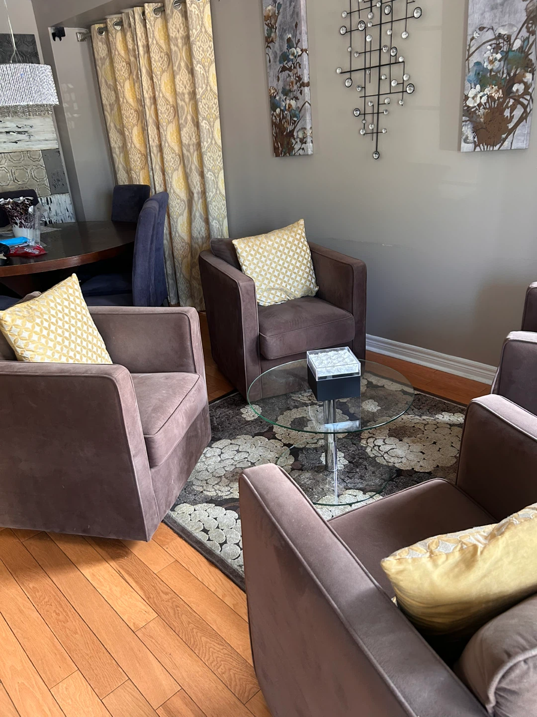 4 Brown Suede Swivel Accent Chairs