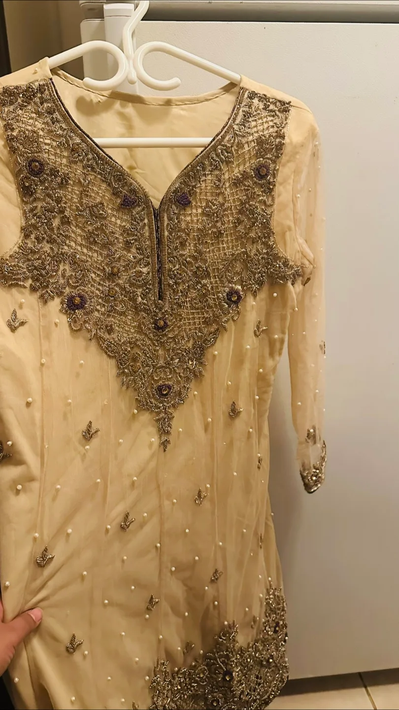 Embroidered Beige frock with straight pent thumbnail