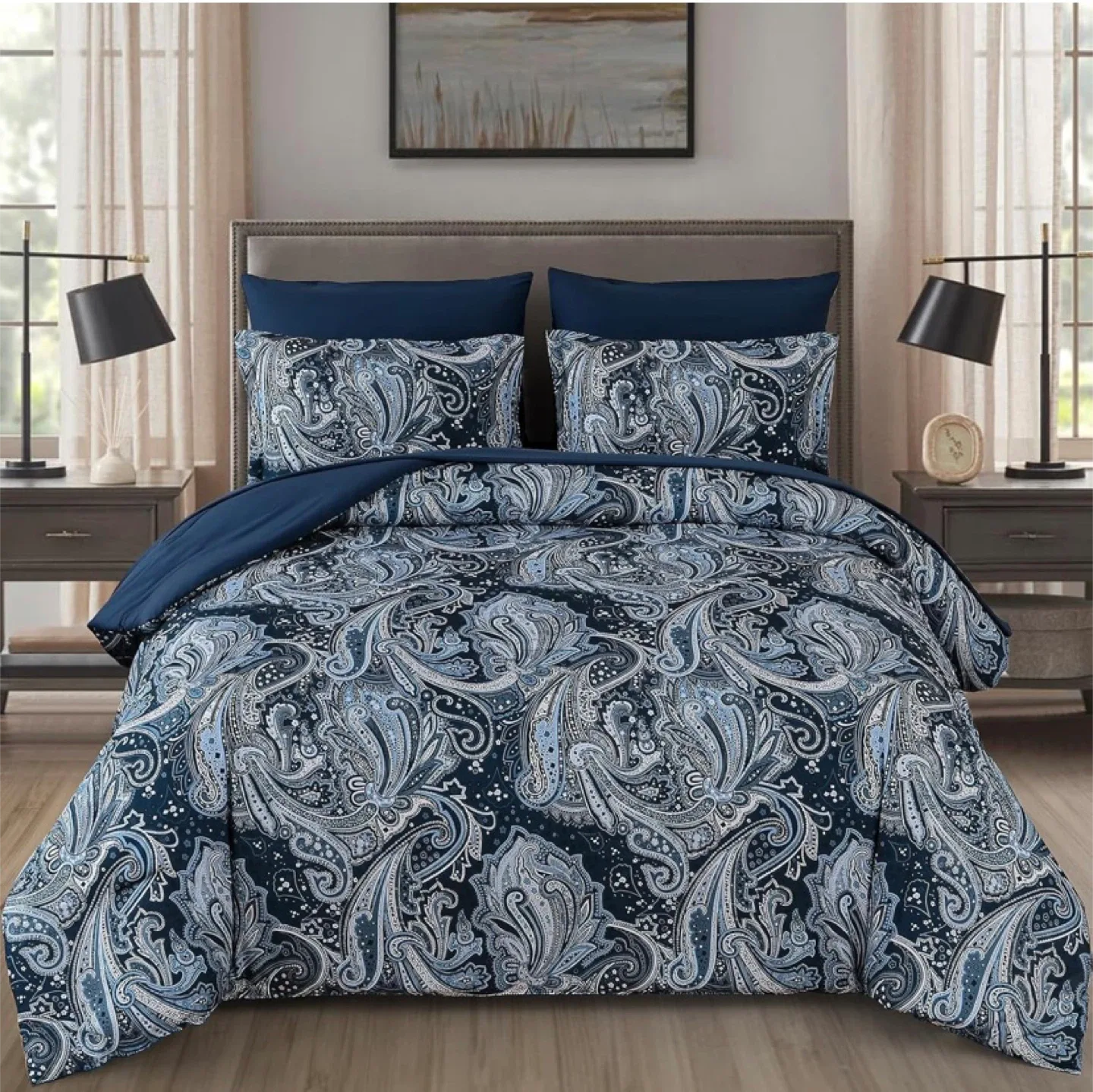 D Navy Paisley King Size 7 Piece Bed in a Bag thumbnail