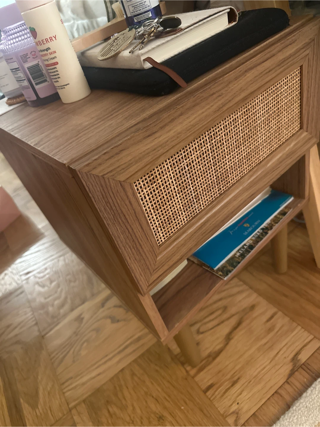Wood Nightstand with Rattan Detail