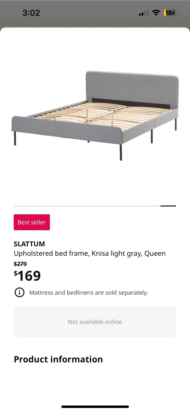 IKEA SLATTUM Queen Bed Frame - Knisa Light Gray thumbnail