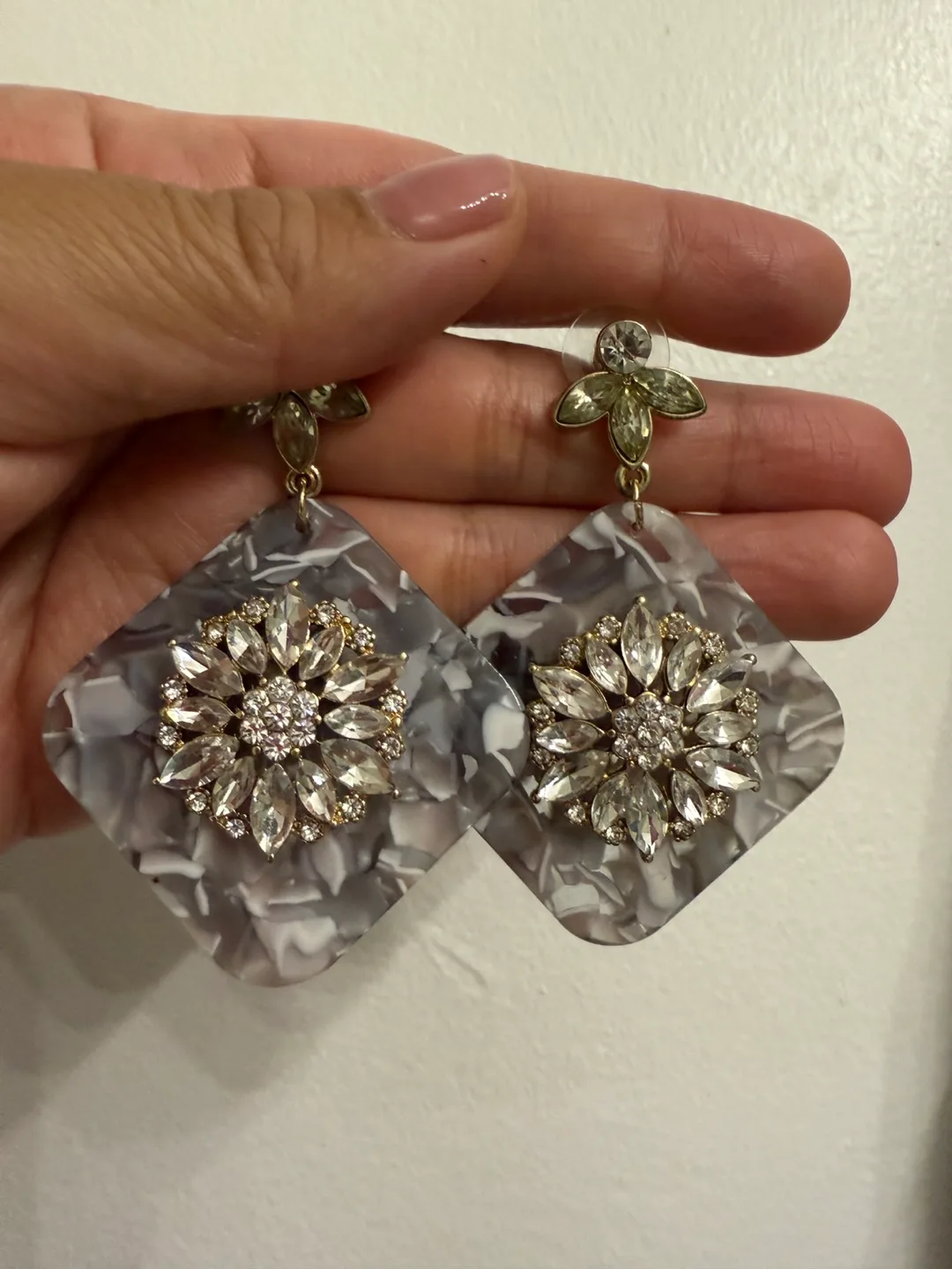 Grey & Crystal Flower Earrings thumbnail