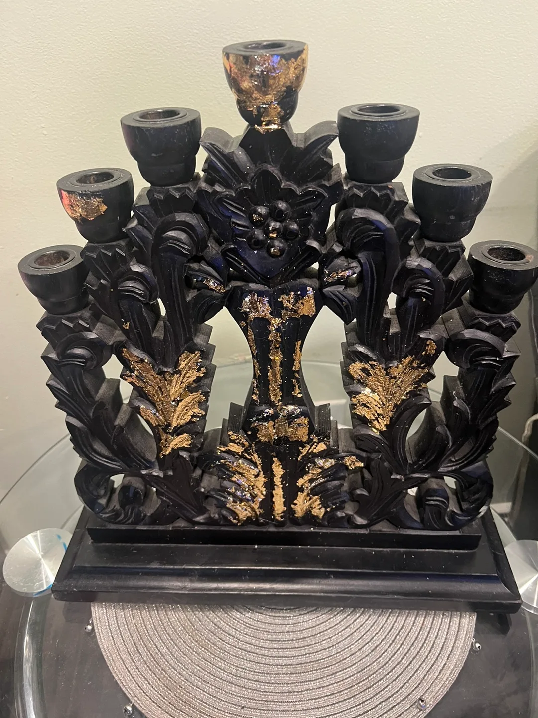 Wooden heavy Black & Gold Candlestick Holder thumbnail