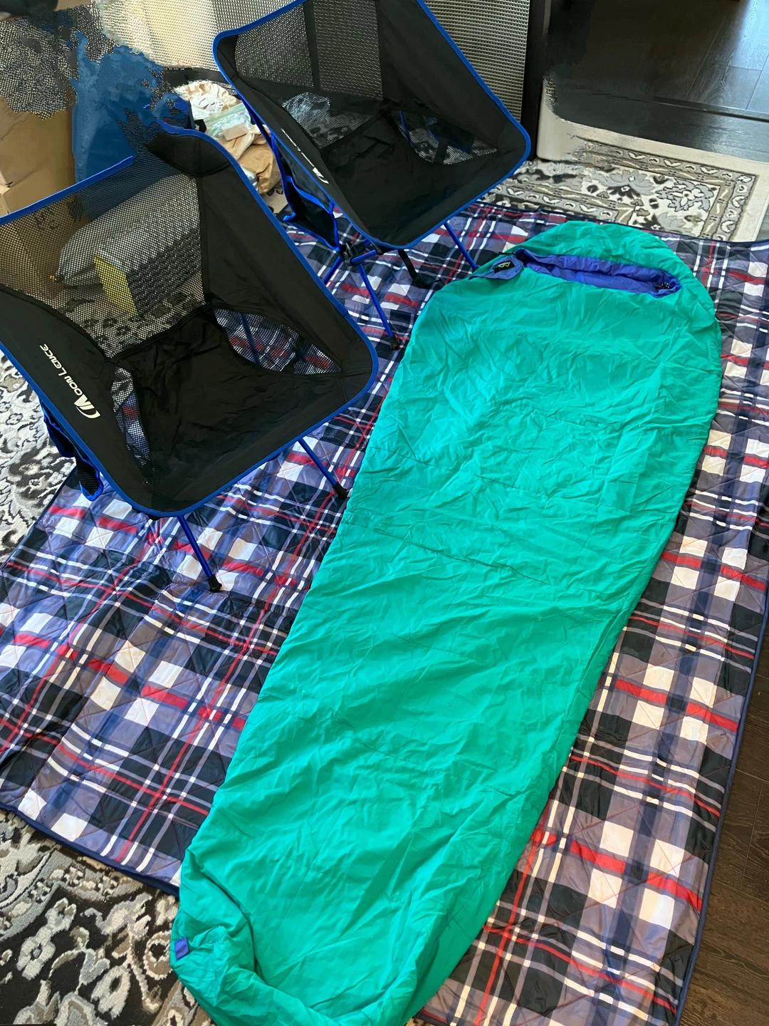 Mountain Ace Sleeping Bag, folding camping chair x 2 etc