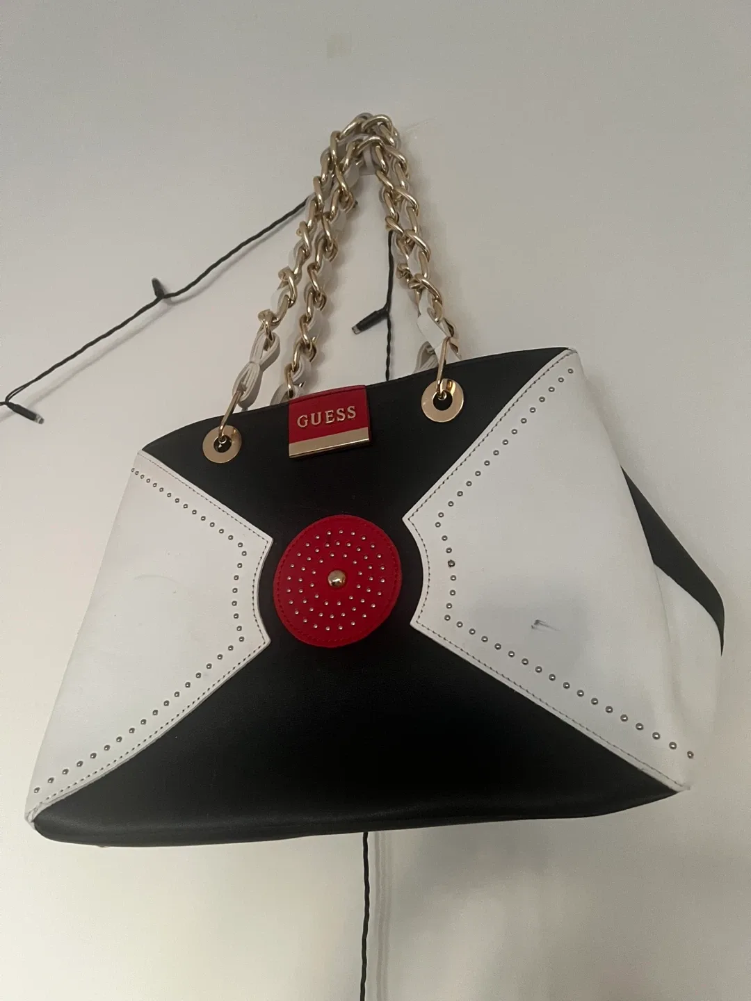 Guess Black and White Handbag with Gold Chain thumbnail
