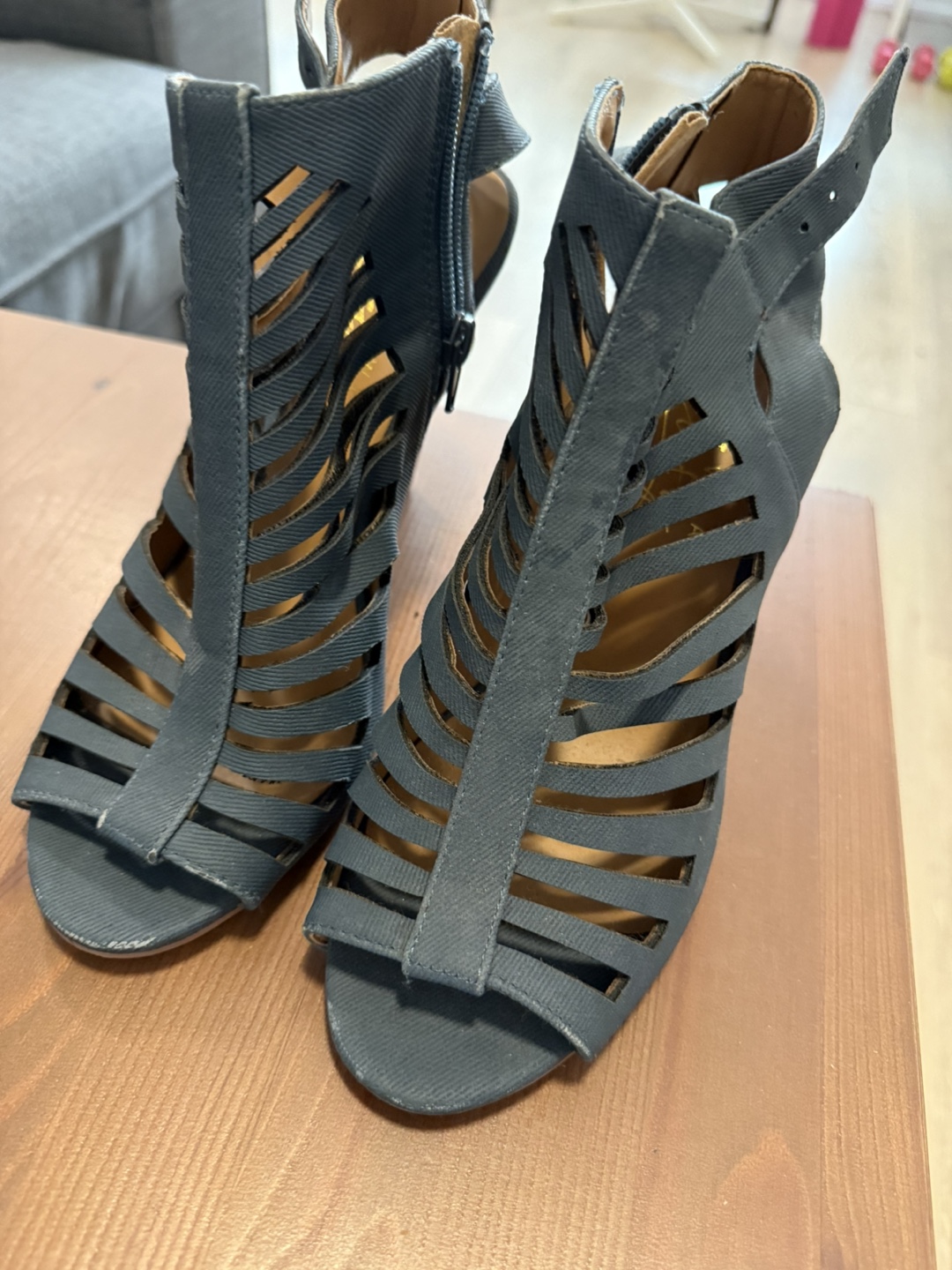 Blue Open-Toe Heeled Booties