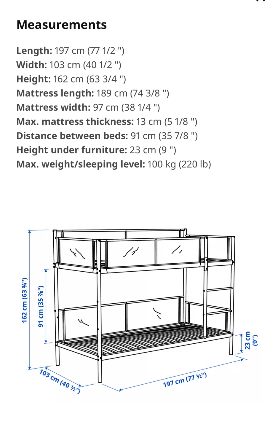 IKEA MYDAL Bunk Bed Frame - White/Grey + 2 matching Mattresses “ - photo 3