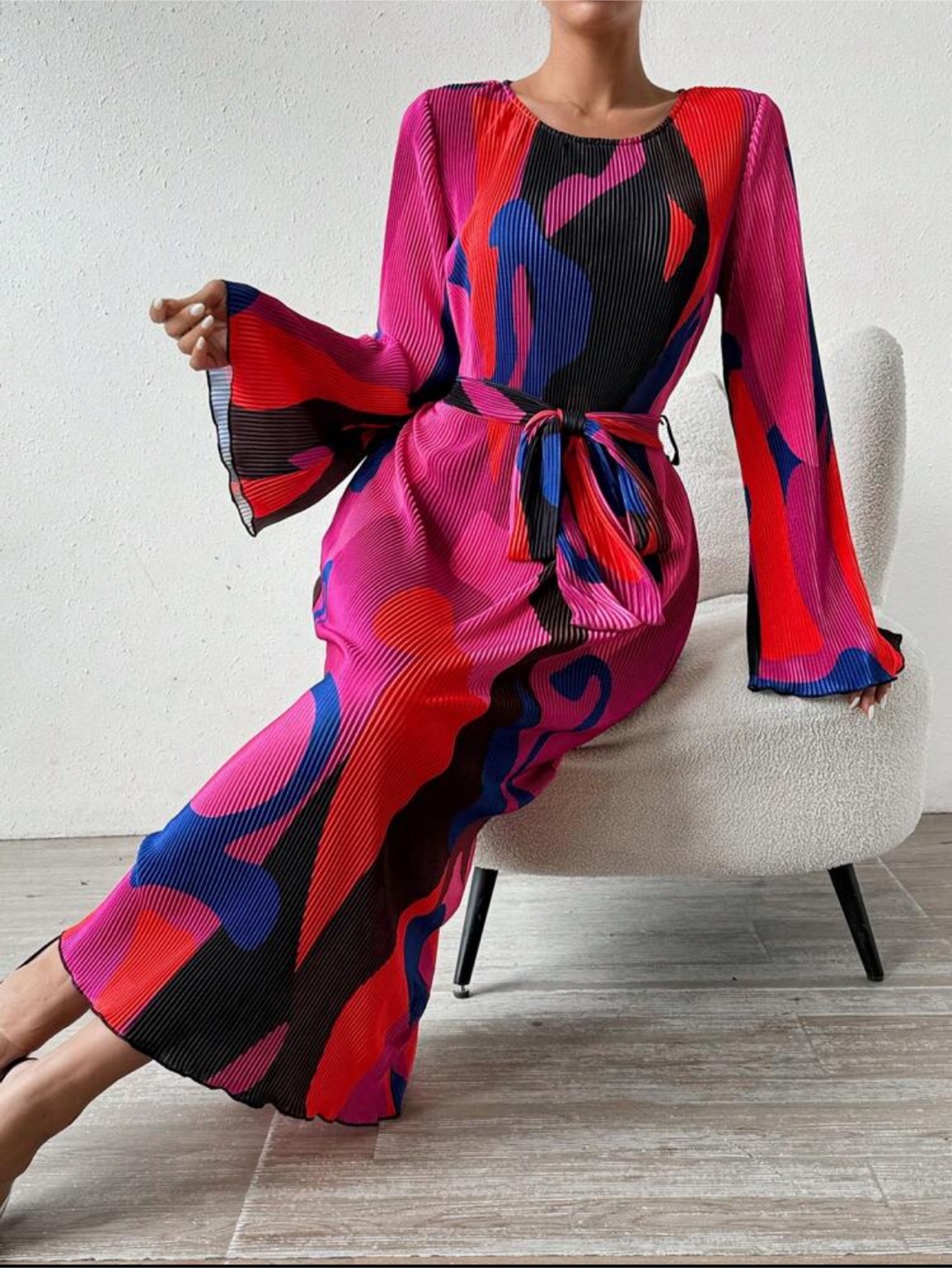 Pink & Blue Abstract Print Pleated Maxi Dress - photo 2