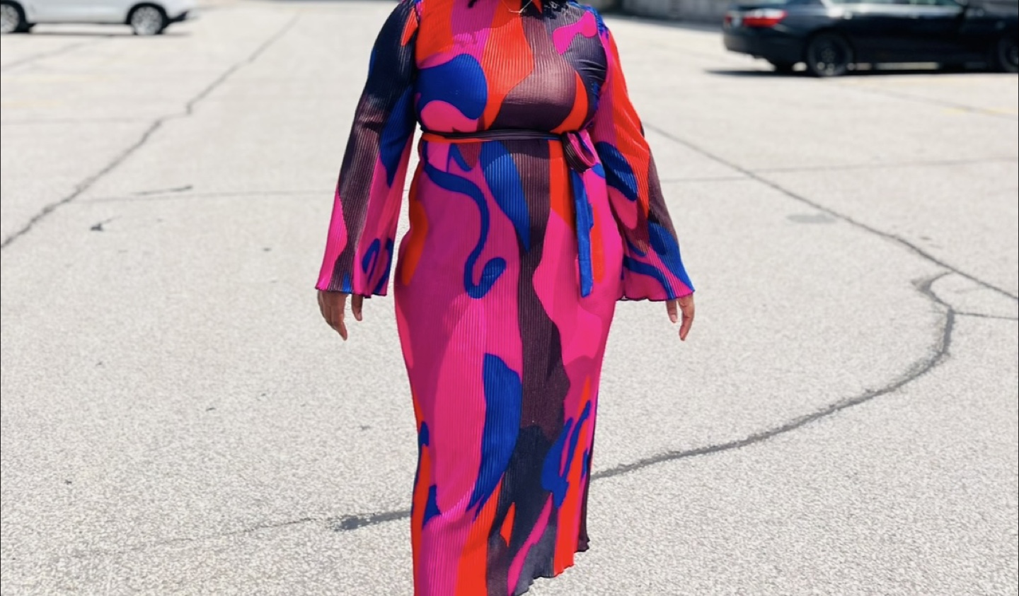 Pink & Blue Abstract Print Pleated Maxi Dress