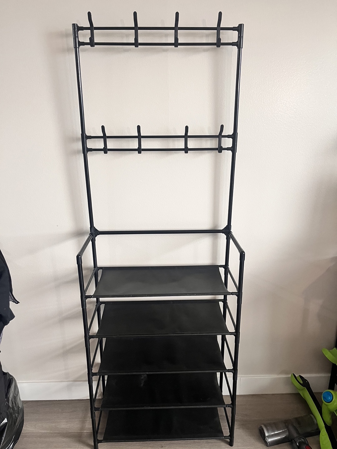 Black 5-Tier Shoe Rack with Hanging Rod