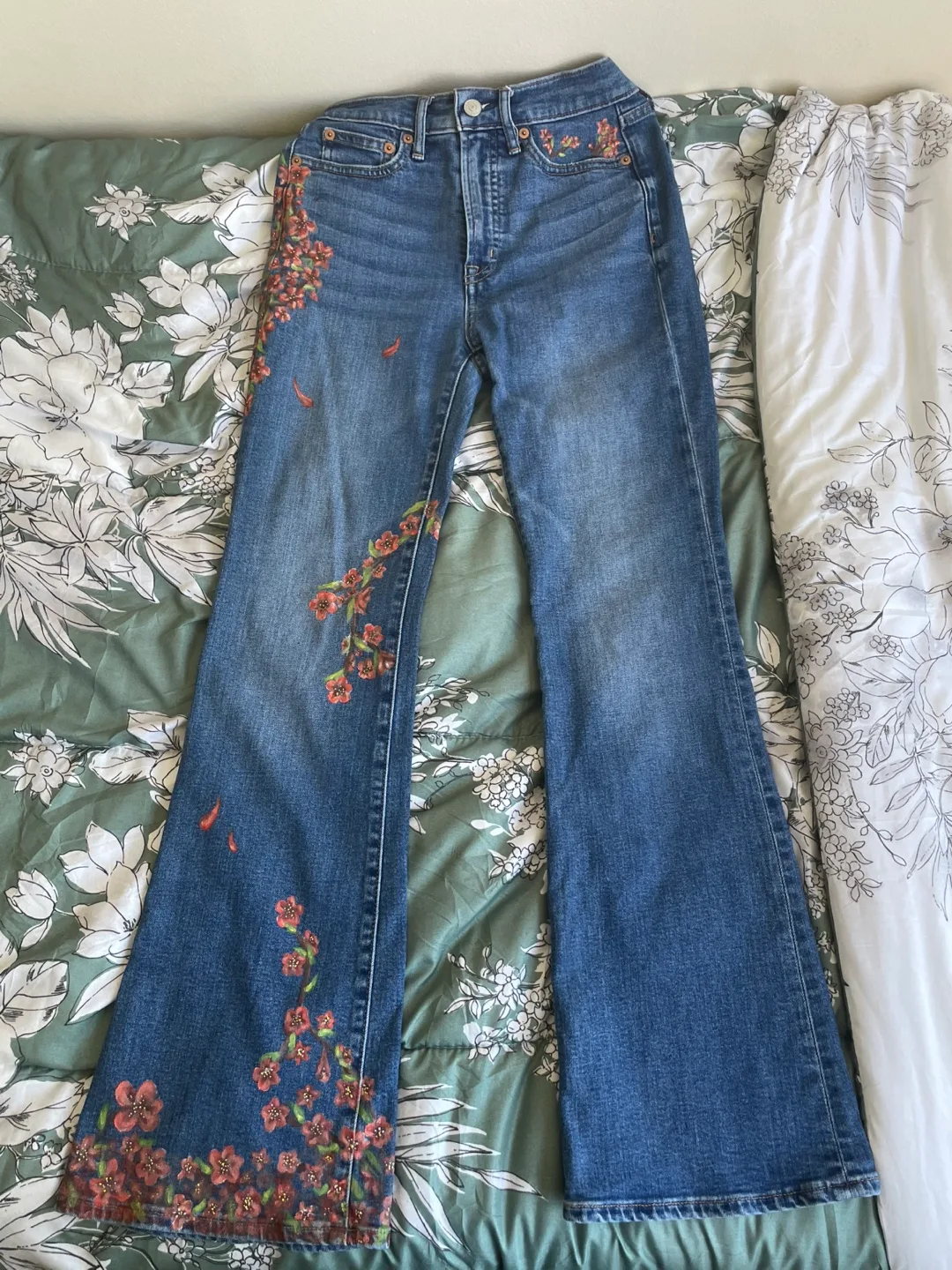 One of a kind!  Flare Jeans with hand painted Floral design thumbnail