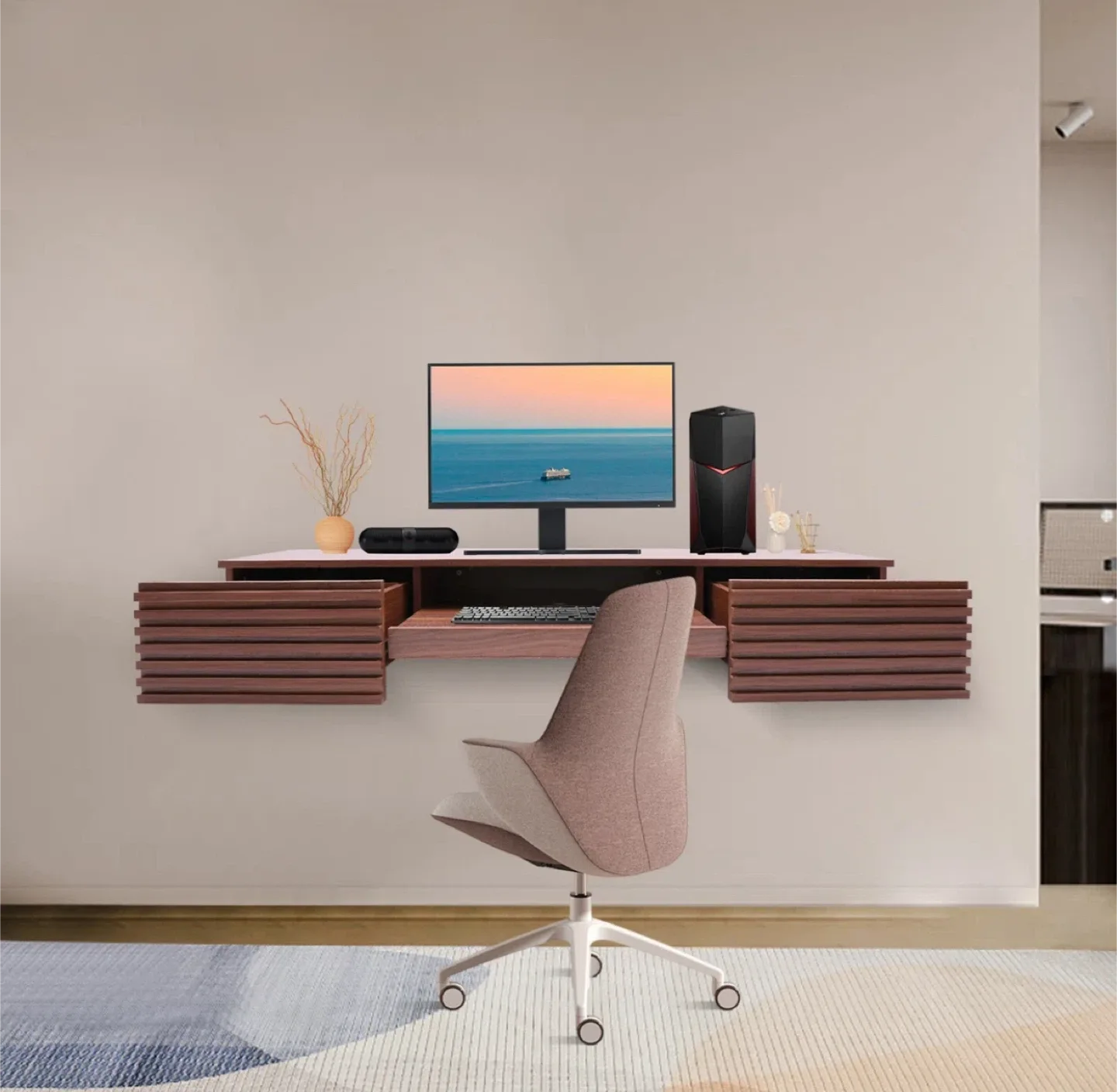 Floating Wall Mounted Desk - Brown Wood thumbnail