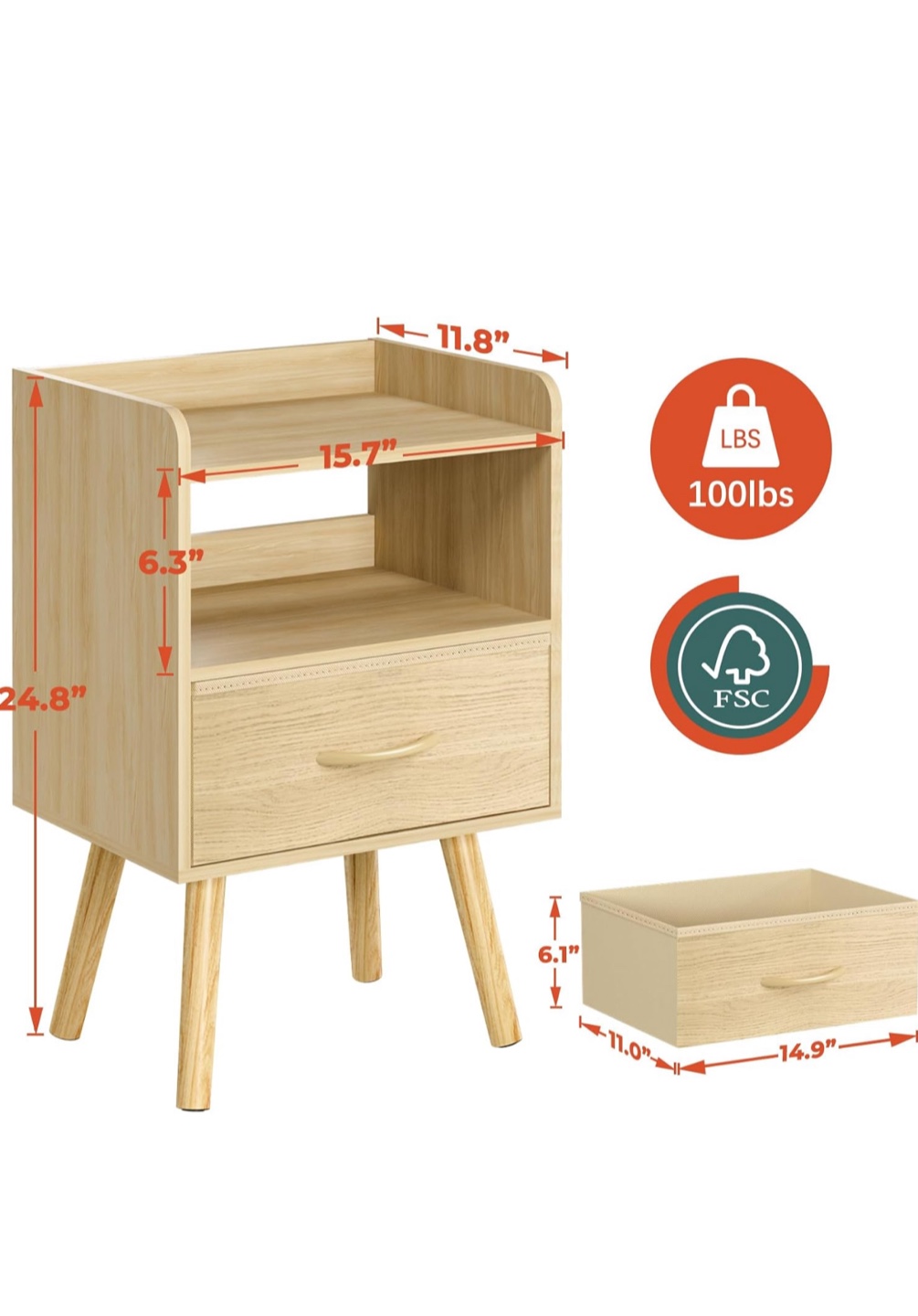 Wood Nightstand with Drawer & Shelf - photo 3