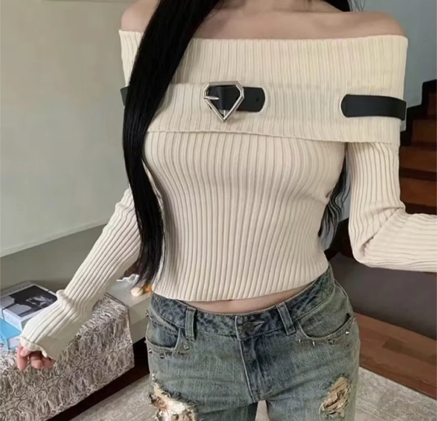 Off-the-shoulder Ribbed Knit Top thumbnail
