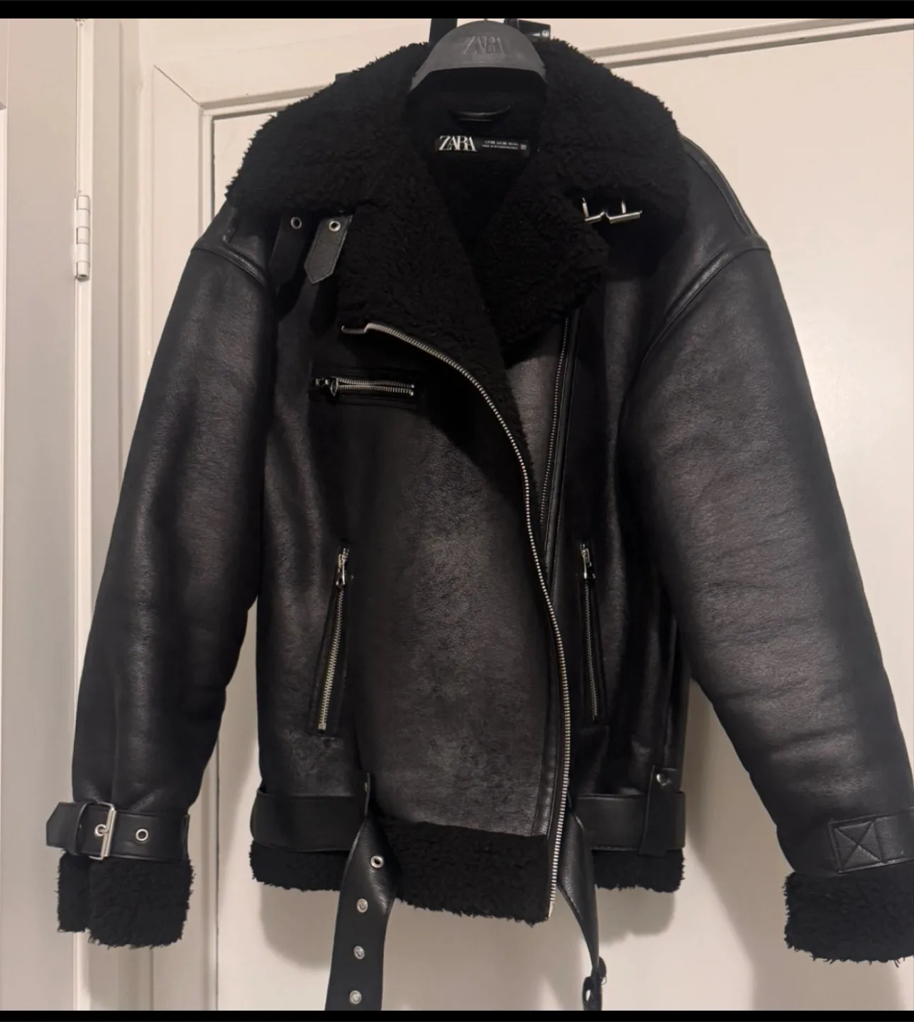 Zara Black Faux Leather Aviator Jacket thumbnail