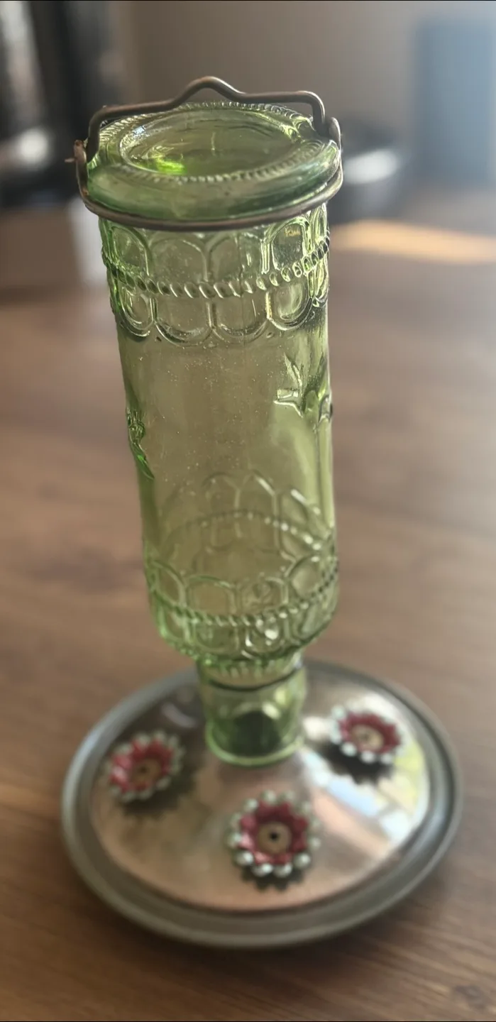 🥕 Vintage Green Glass Hummingbird Feeder thumbnail