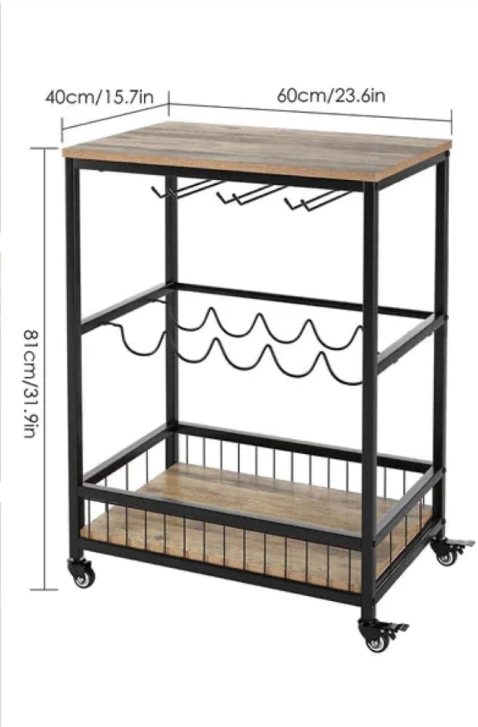 Rolling Bar Cart with Wine Rack & Glass Holder - photo 2