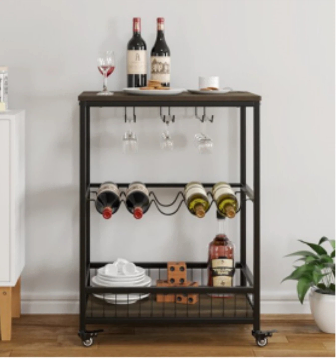 Rolling Bar Cart with Wine Rack & Glass Holder