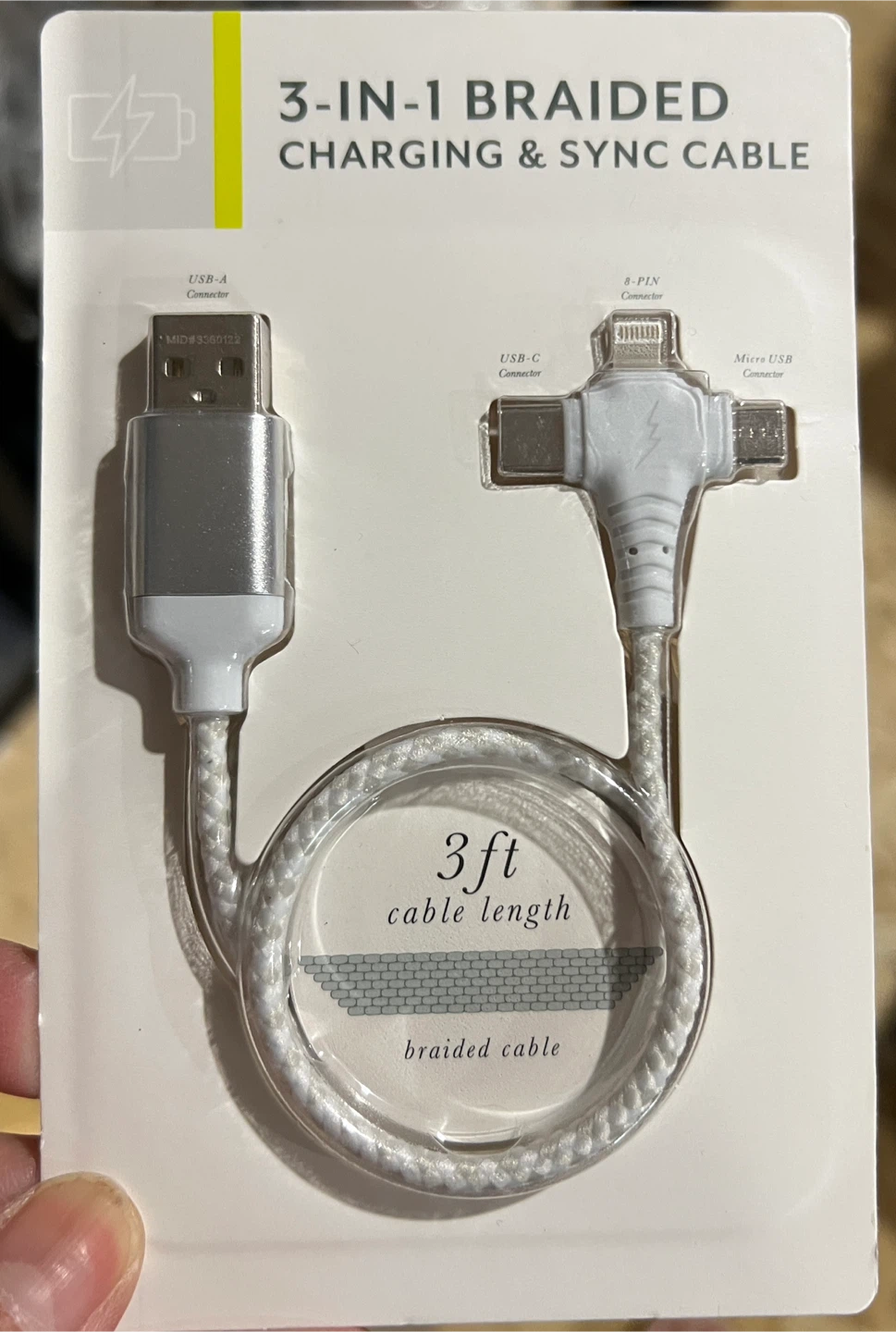 3-in-1 Braided Charging & Sync Cable - 3ft