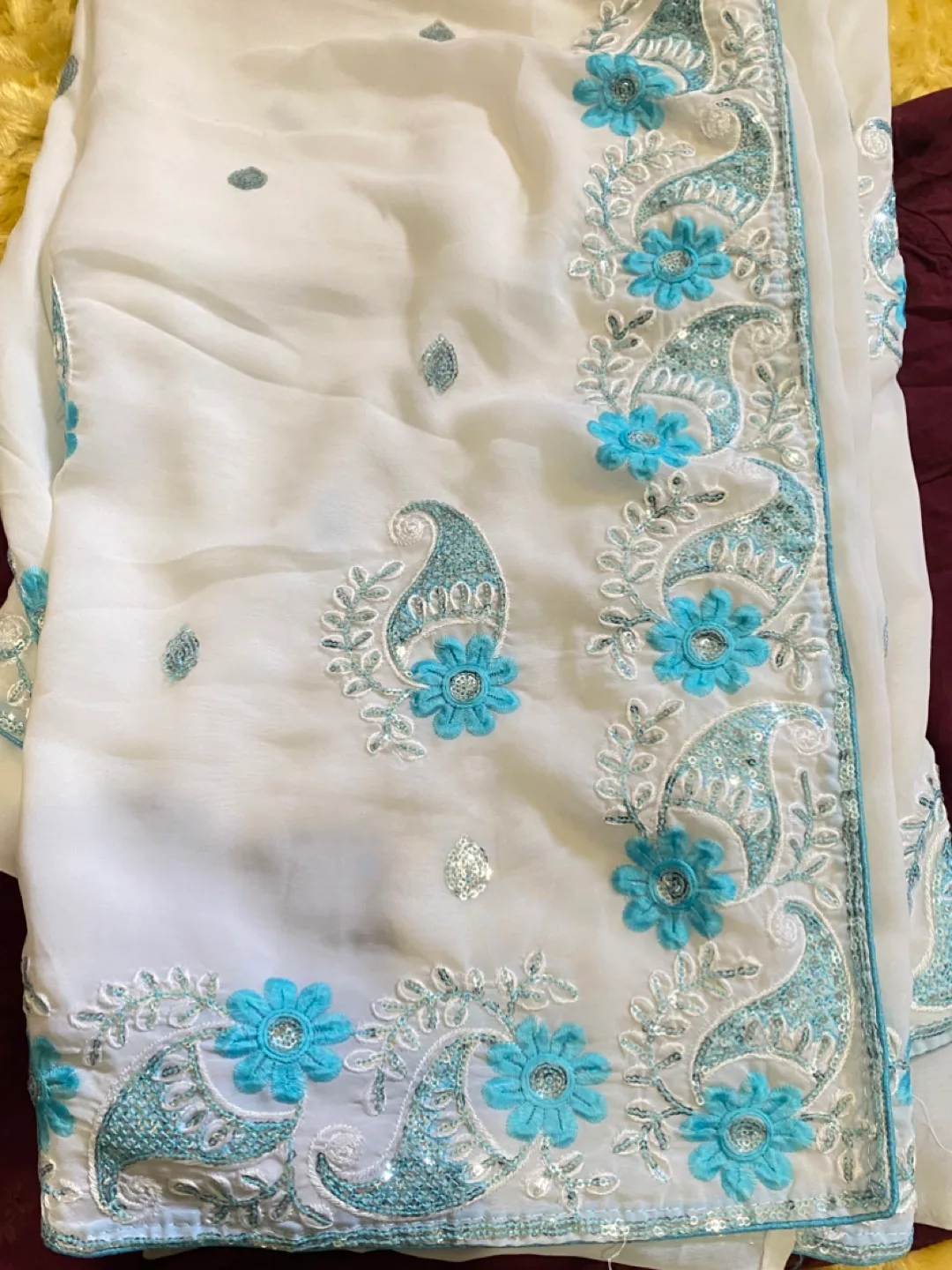 White Saree with Blue Embroidery thumbnail