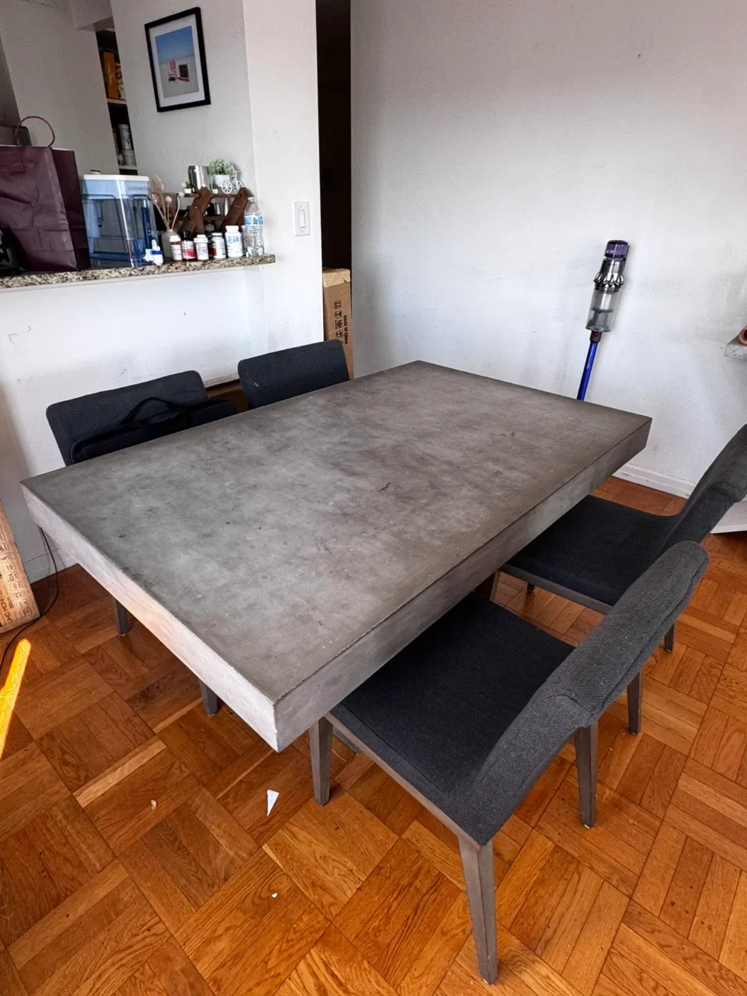 CB2 FUZE Gray dining table and 4x CB2 chairs thumbnail