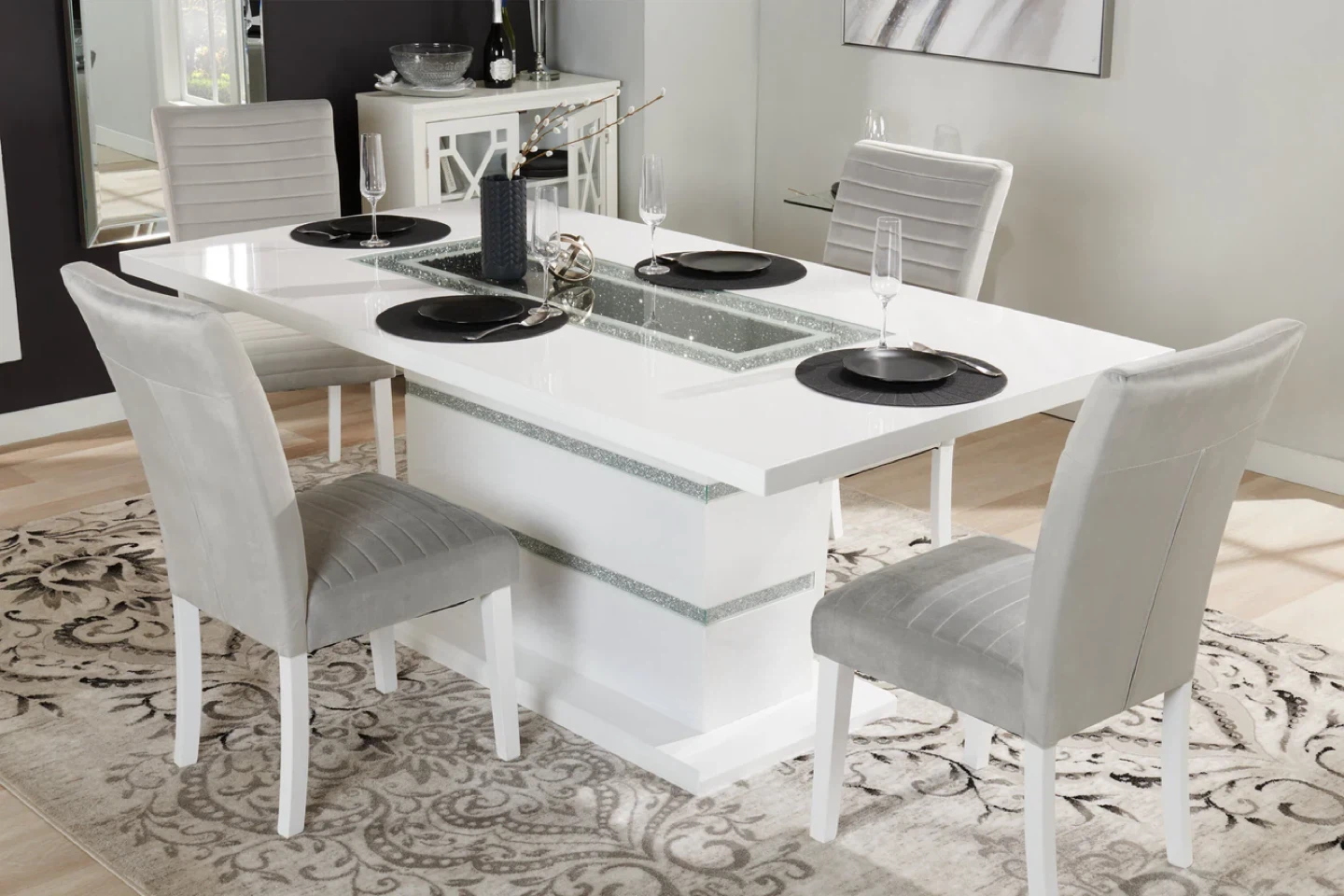 Garbo Dining Table with Glass Insert & 4 Grey Velvet Chairs - photo 3
