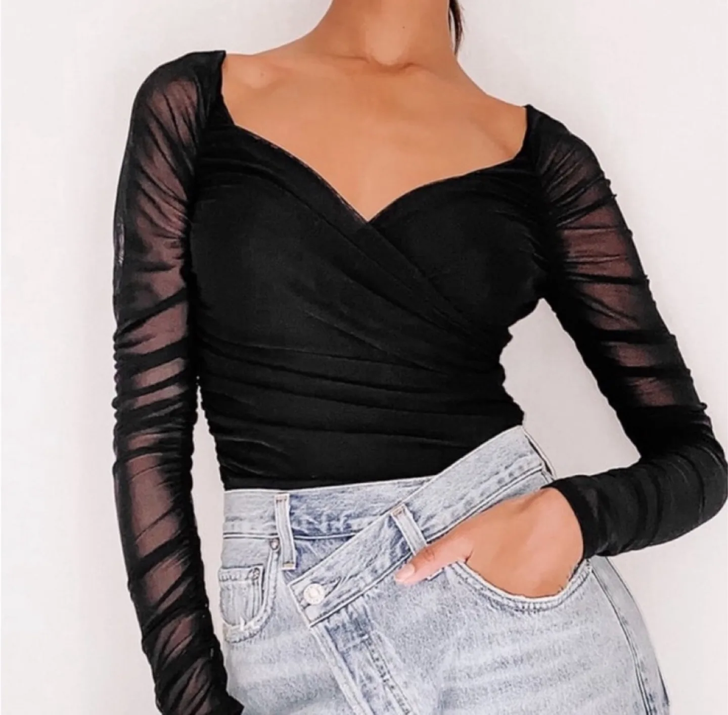 Lulus Black Mesh Ruched Long Sleeve Bodysuit NWT - Sz S thumbnail