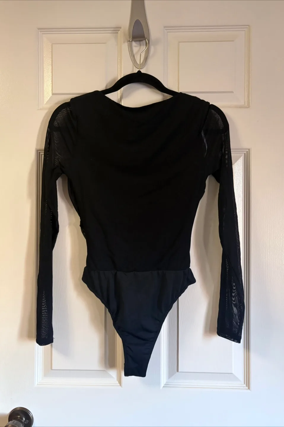 Lulus Black Mesh Ruched Long Sleeve Bodysuit NWT - Sz S image indicator(4)