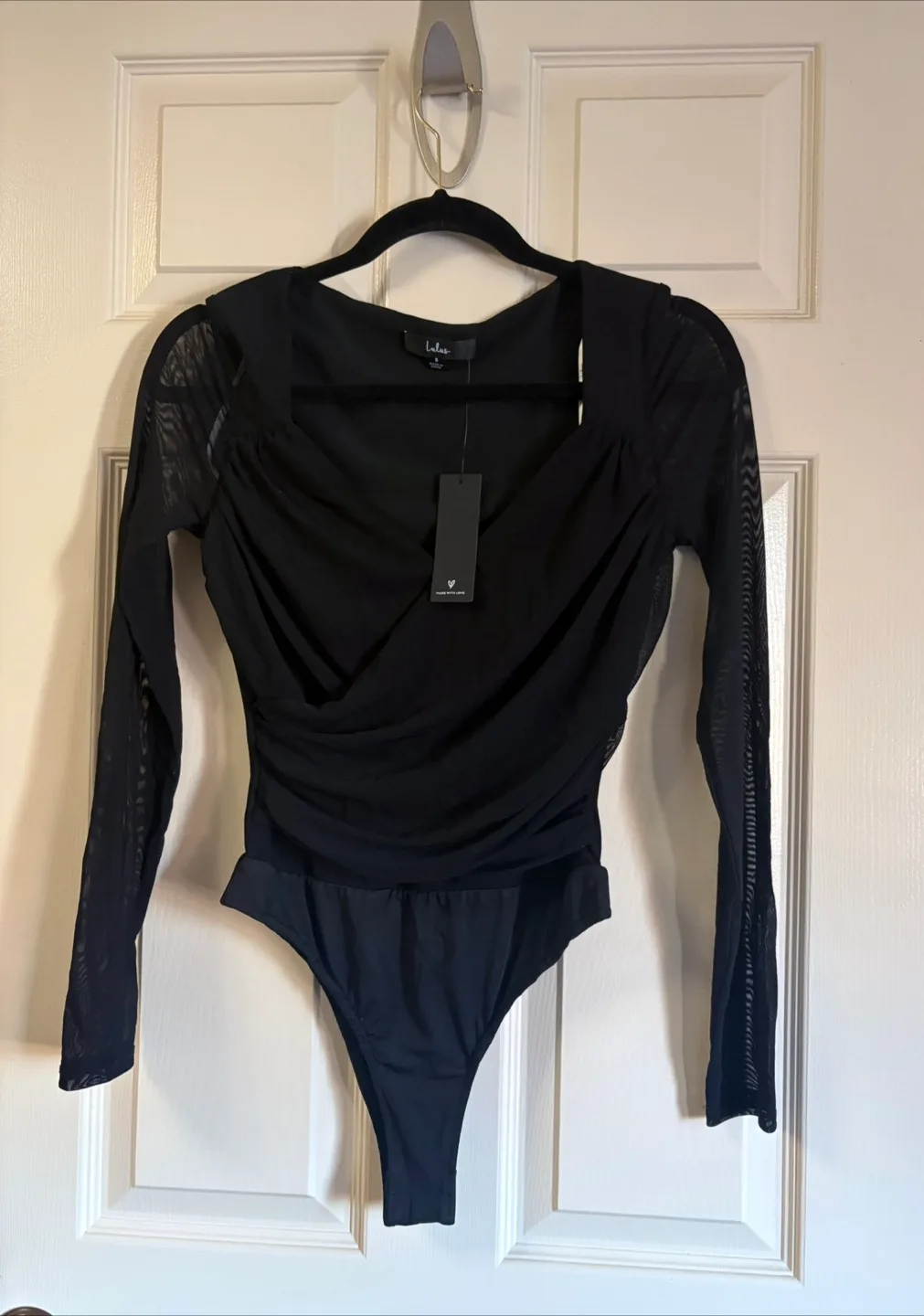 Lulus Black Mesh Ruched Long Sleeve Bodysuit NWT - Sz S image indicator(3)