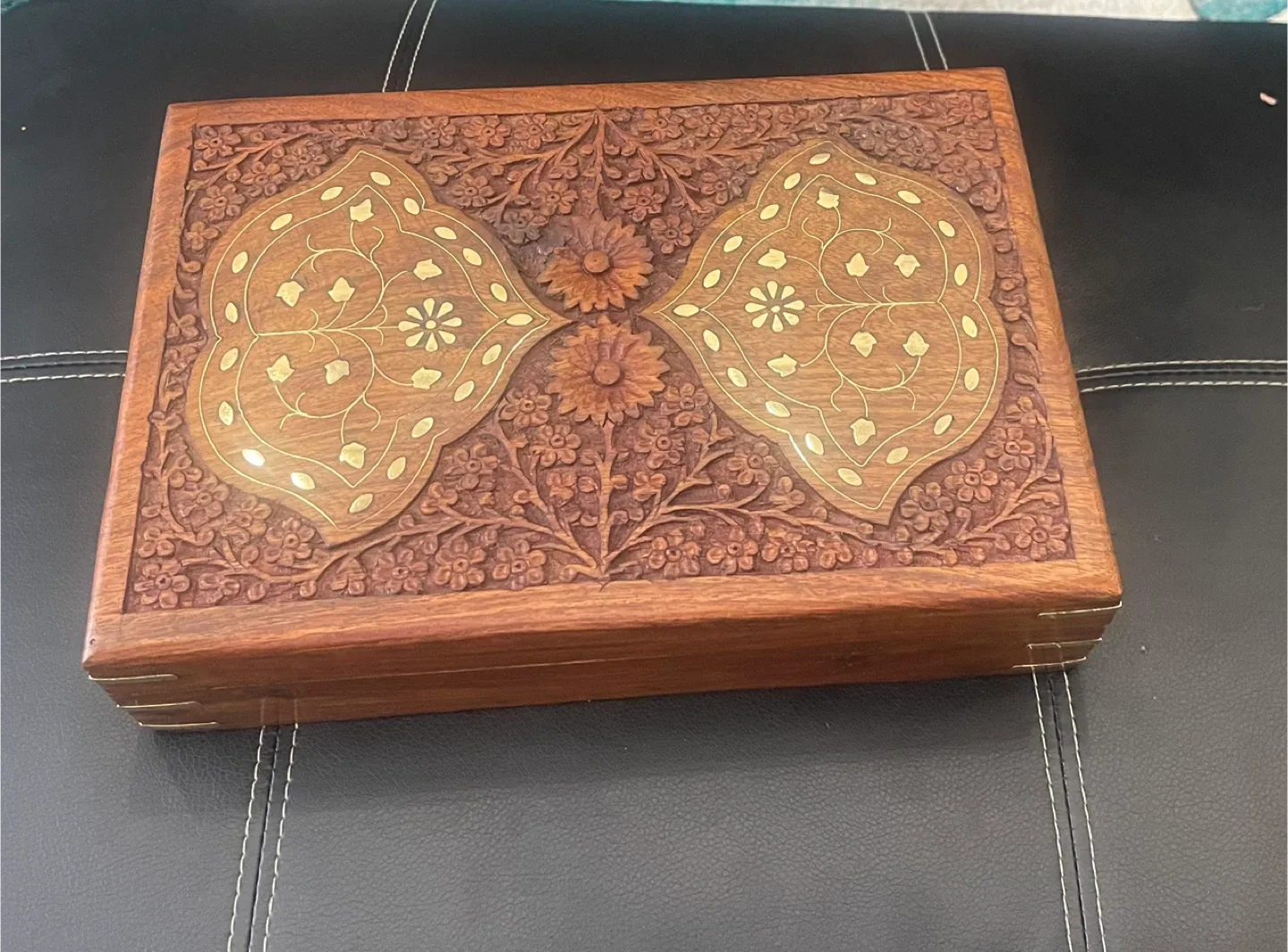 Ornate Wooden Box with Red Velvet Interior thumbnail