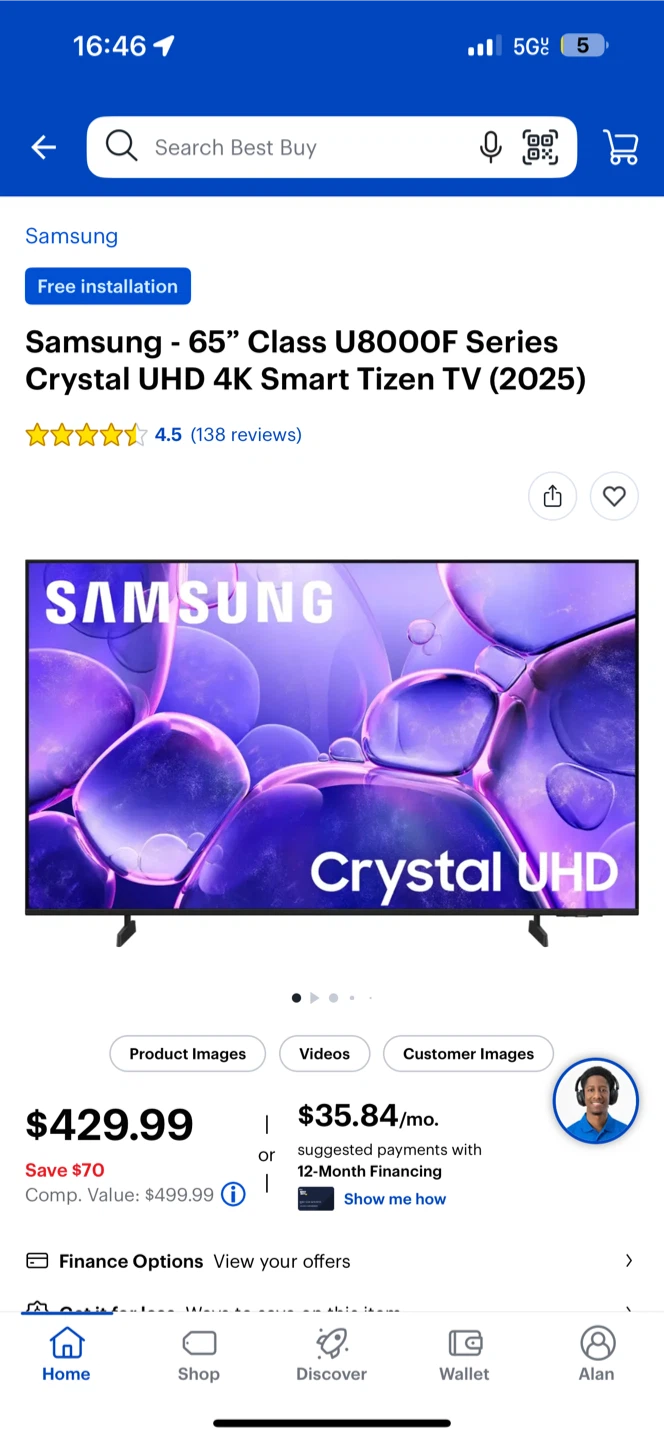 Samsung 65" Crystal UHD 4K Smart TV