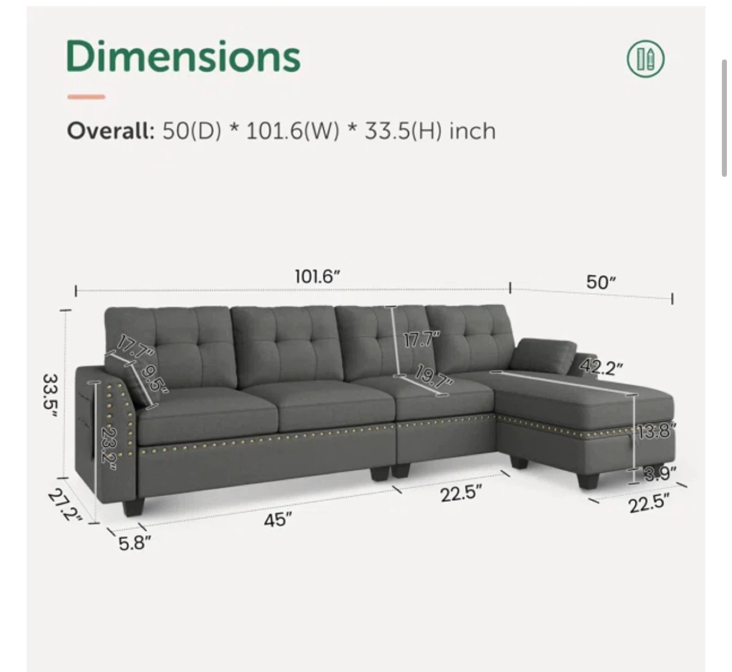 Gray Sectional Sofa with Ottoman - 101.6" Wide