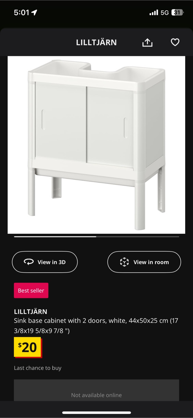 IKEA LILLTJÄRN Sink Base Cabinet - White