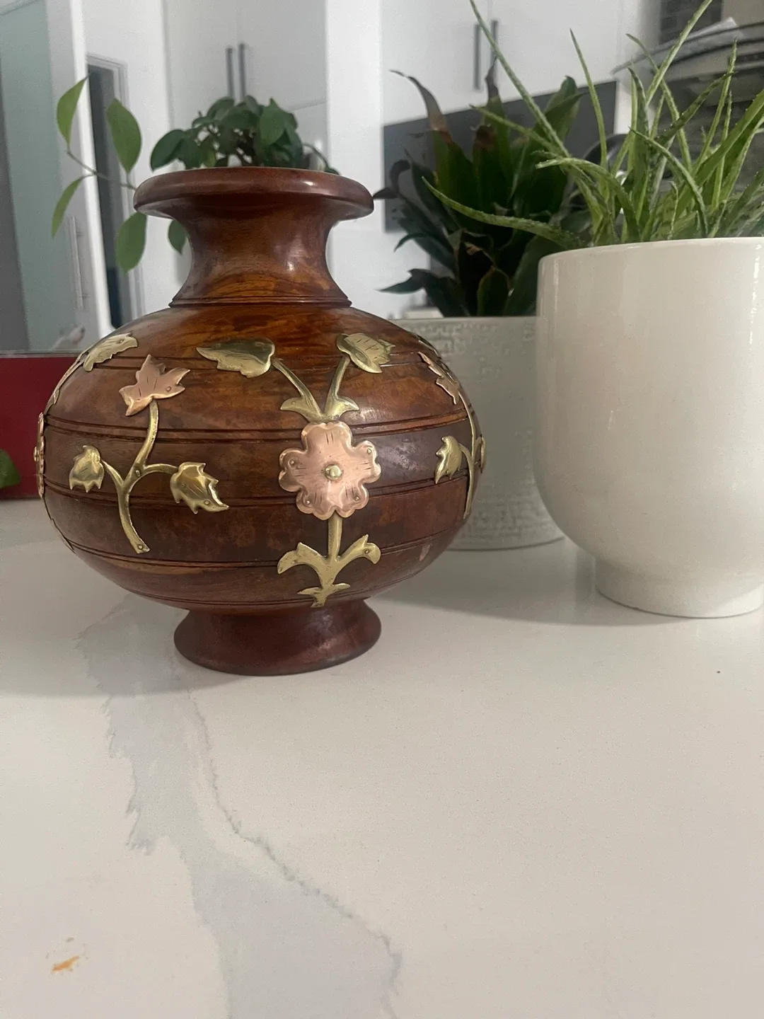 Decorative Wooden Vase with Floral Inlay thumbnail