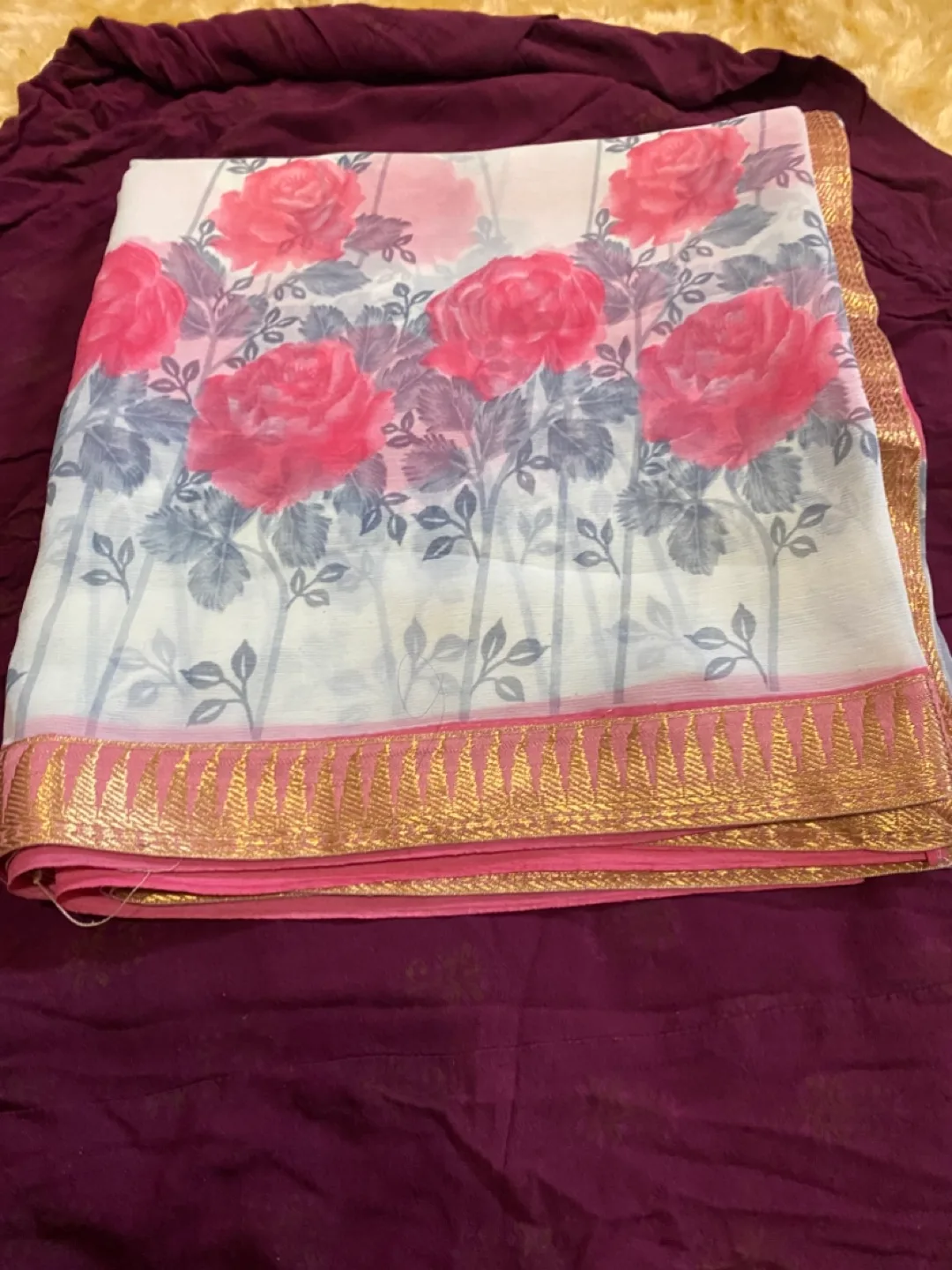 Floral Print Saree with Pink & Gold Border thumbnail