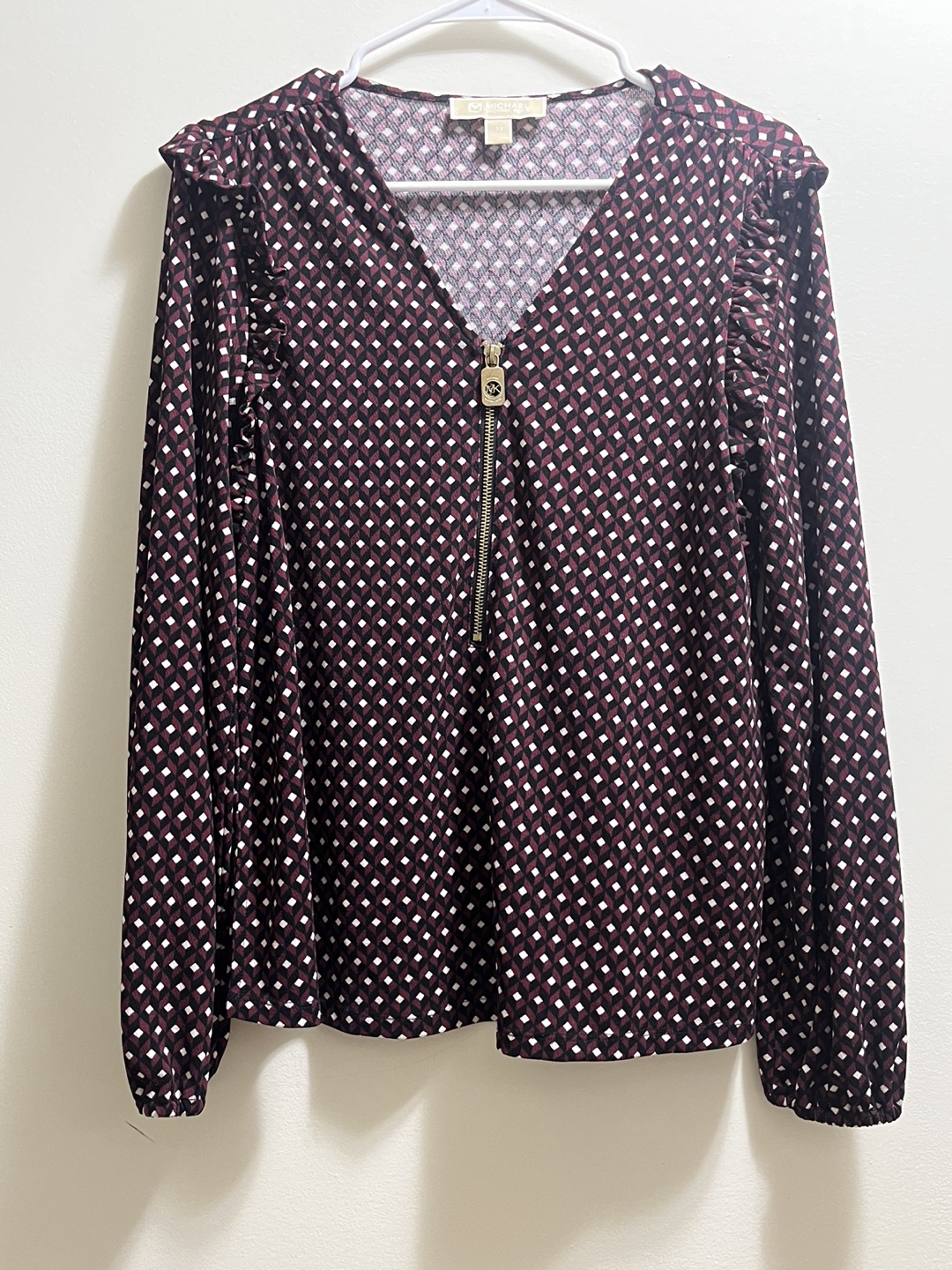 Michael Kors Burgundy abstract design Blouse sz M - photo 4