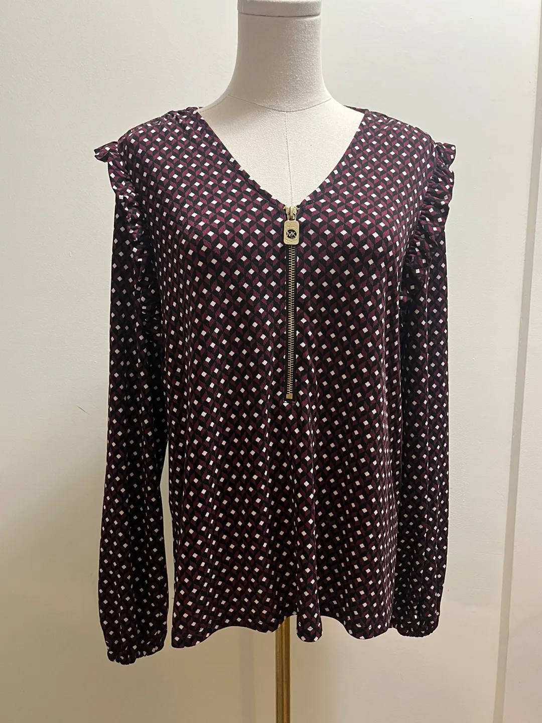 Michael Kors Burgundy abstract design Blouse sz M thumbnail