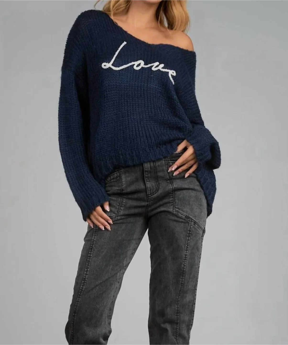 Elan Navy Blue Love Knit Sweater - Sz M thumbnail